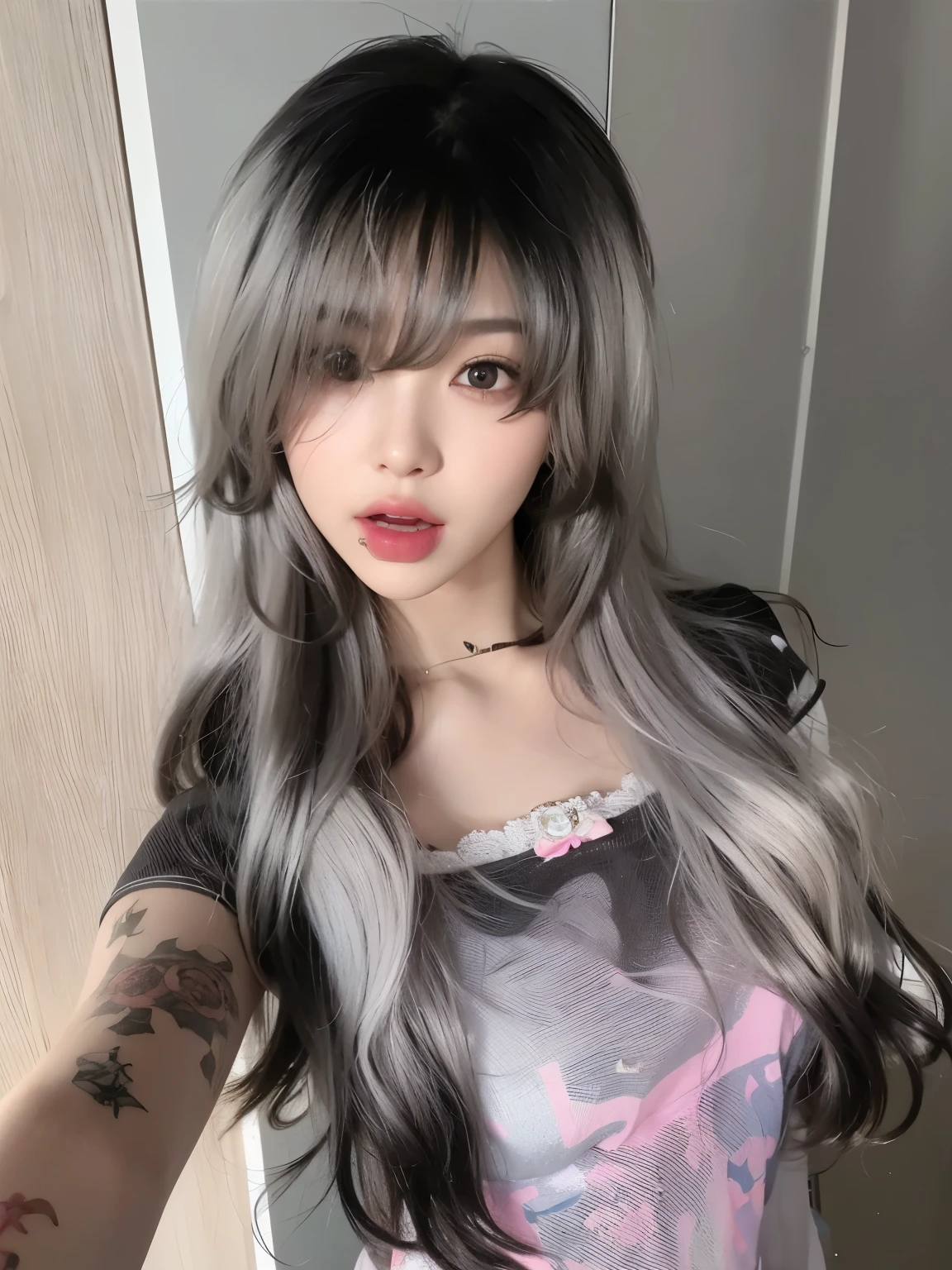 masterpiece, best quality, Girl in black and pink T-shirt,Gradual gray hair,Black and white gradient hair color,Flowing long hair,Long curly hair,Cool Girl,A girl,Exquisite facial features,
