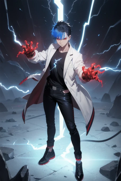 Boy1, solo, black shirt, red eyes, brown skin, spike hair, blue hair, white jacket, black jean pants, black shoes, serious look, lightning hands, glowing veins, electric power, glowing hands, electric hands,