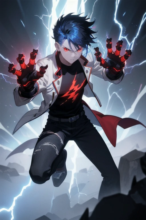 Boy1, solo, black shirt, red eyes, brown skin, spike hair, blue hair, white jacket, black jean pants, black shoes, serious look, lightning hands, glowing veins, electric power, glowing hands, electric hands, 