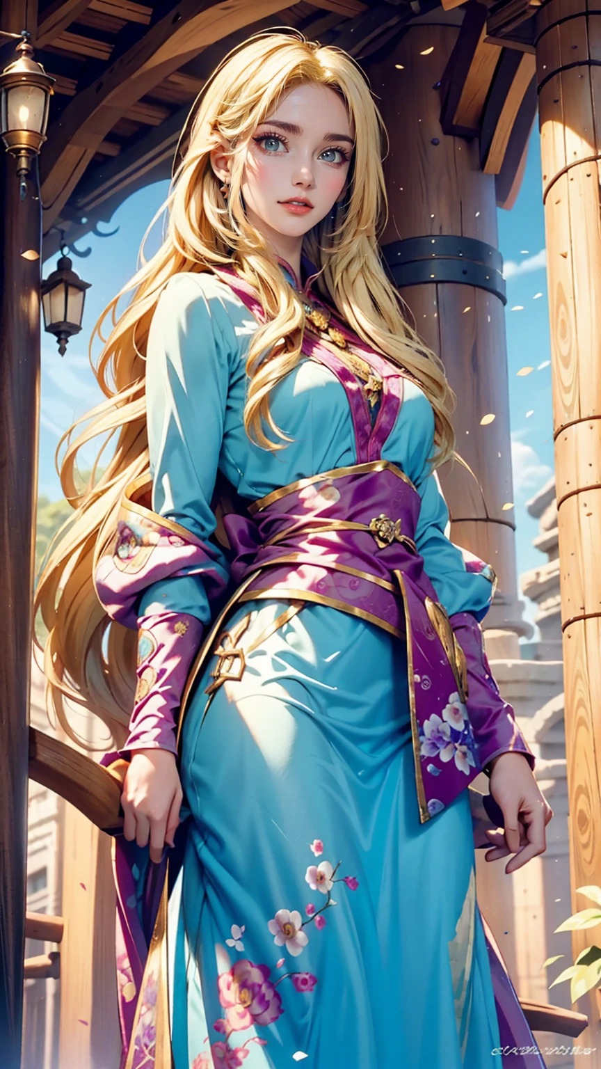 24 year old Caucasian female、Blonde、Very long hair、Disney「塔の上Rapunzel」Rapunzel、I'm on top of the tower、Escaping from the tower with her long hair hanging on the ground