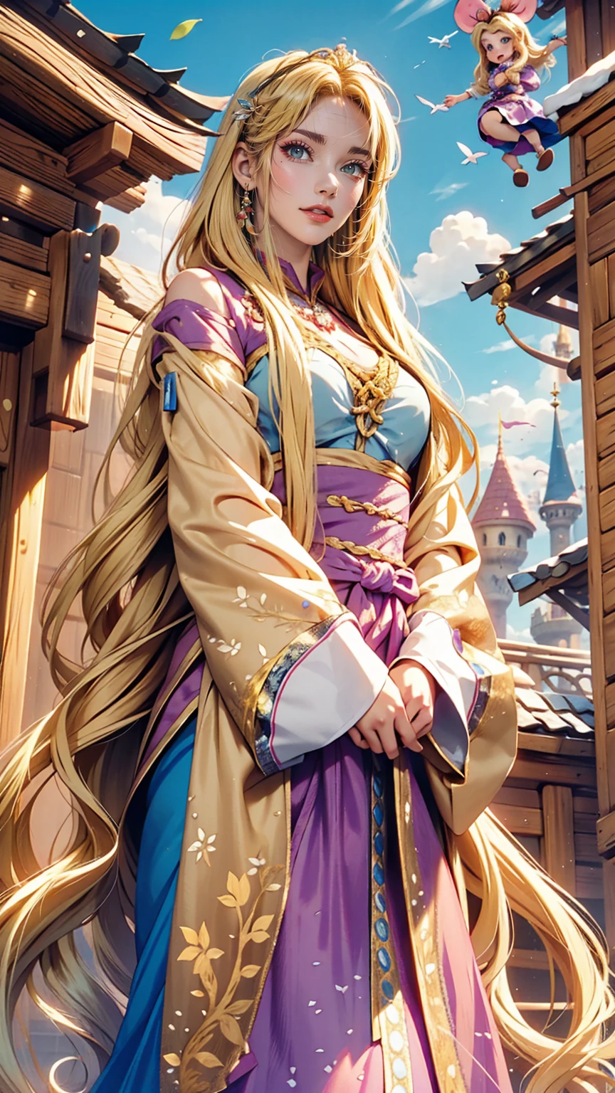 24 year old Caucasian female、Blonde、Very long hair、Disney「塔の上Rapunzel」Rapunzel、I&#39;m on top of the tower、Escaping from the tower with her long hair hanging on the ground