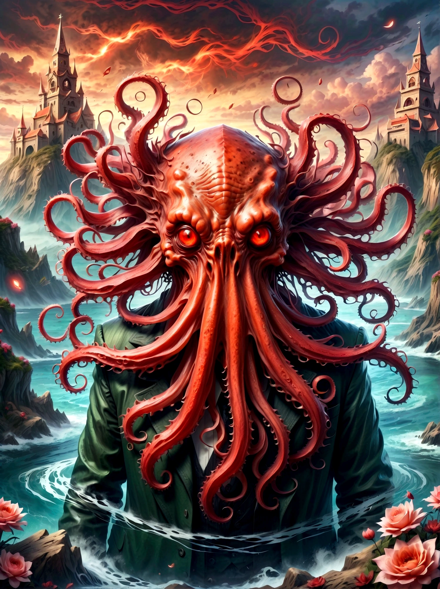 Bloody Cthulhu is extremely scary and weird，Flower of the other shore is charming，Mysterious Manzhu Shahua，hell门口盛开的血色鬼花，Blood-red tentacles guide the souls of the past，charm，Flirtatious，Strange，Gothic style，hell，Fantastic Creatures，Devilish scenery，Unforgettable environment，hell般的气氛，Wonderful lighting，Vibrant colors，Surrealism，Distorted anatomy，Nightmare Creatures，Glowing eyes，Strange形状