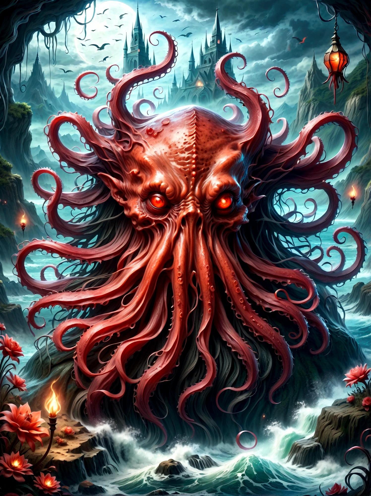 Bloody Cthulhu is extremely scary and weird，Flower of the other shore is charming，Mysterious Manzhu Shahua，hell门口盛开的血色鬼花，Blood-red tentacles guide the souls of the past，charm，Flirtatious，Strange，Gothic style，hell，Fantastic Creatures，Devilish scenery，Unforgettable environment，hell般的气氛，Wonderful lighting，Vibrant colors，Surrealism，Distorted anatomy，Nightmare Creatures，Glowing eyes，Strange形状
