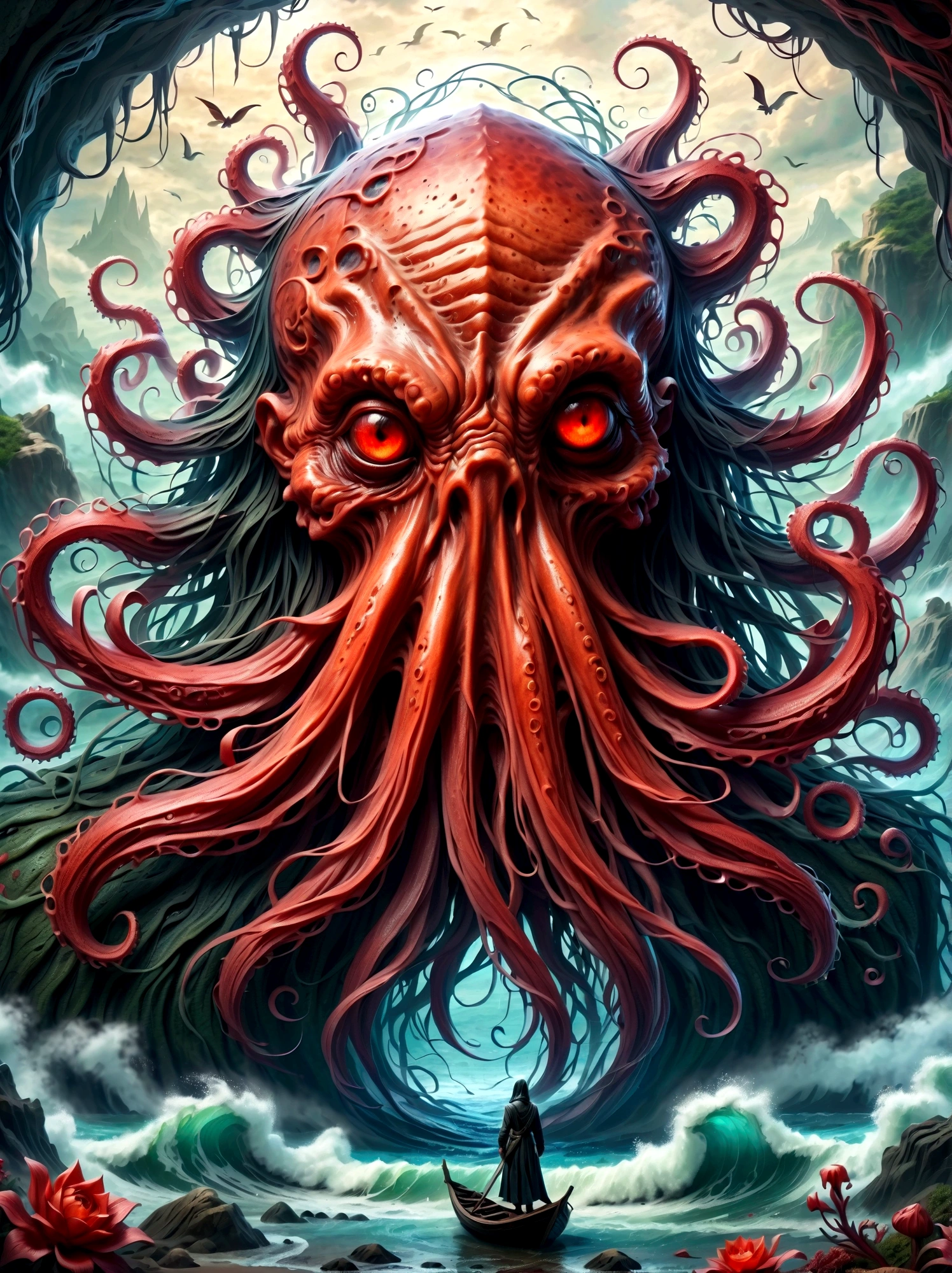 Bloody Cthulhu is extremely scary and weird,Flower of the other shore is charming,Mysterious Manzhu Shahua,hell门口盛开的血色鬼花,Blood-red tentacles guide the souls of the past,charm,Flirtatious,Strange,Gothic style,hell,Fantastic Creatures,Devilish scenery,Unforgettable environment,hell般的气氛,Wonderful lighting,Vibrant colors,Surrealism,Distorted anatomy,Nightmare Creatures,Glowing eyes,Strange形状