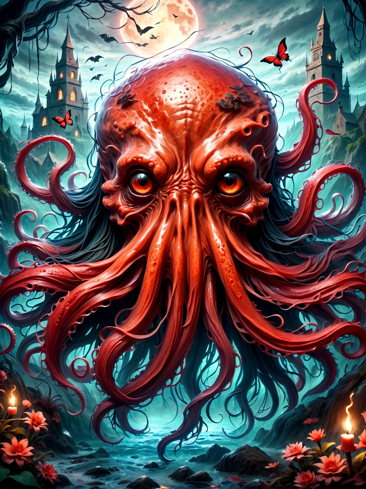 Bloody Cthulhu is extremely scary and weird,Flower of the other shore is charming,Mysterious Manzhu Shahua,hell门口盛开的血色鬼花,Blood-red tentacles guide the souls of the past,charm,Flirtatious,Strange,Gothic style,hell,Fantastic Creatures,Devilish scenery,Unforgettable environment,hell般的气氛,Wonderful lighting,Vibrant colors,Surrealism,Distorted anatomy,Nightmare Creatures,Glowing eyes,Strange形状