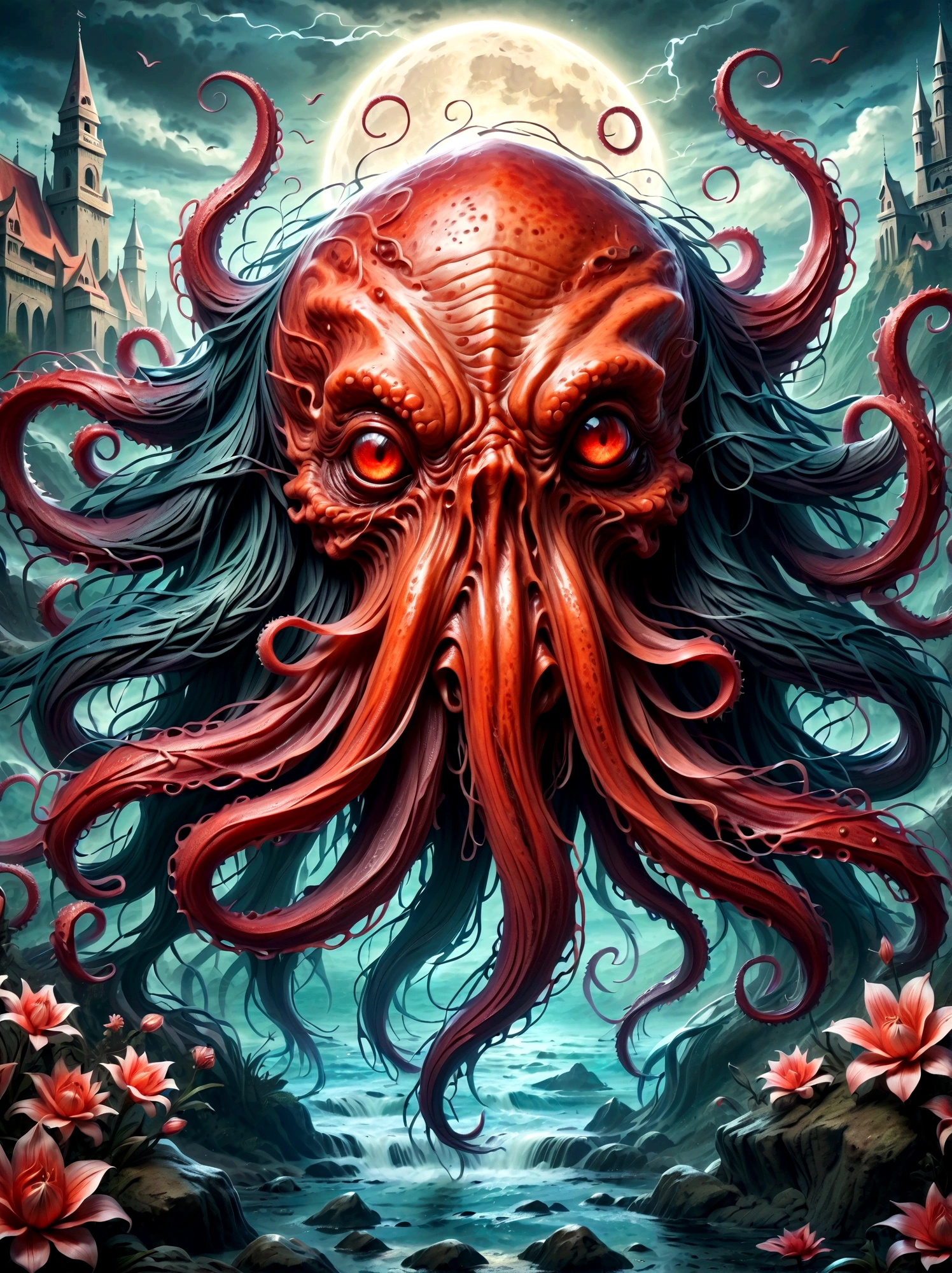 Bloody Cthulhu is extremely scary and weird，Flower of the other shore is charming，Mysterious Manzhu Shahua，hell门口盛开的血色鬼花，Blood-red tentacles guide the souls of the past，charm，Flirtatious，Strange，Gothic style，hell，Fantastic Creatures，Devilish scenery，Unforgettable environment，hell般的气氛，Wonderful lighting，Vibrant colors，Surrealism，Distorted anatomy，Nightmare Creatures，Glowing eyes，Strange形状