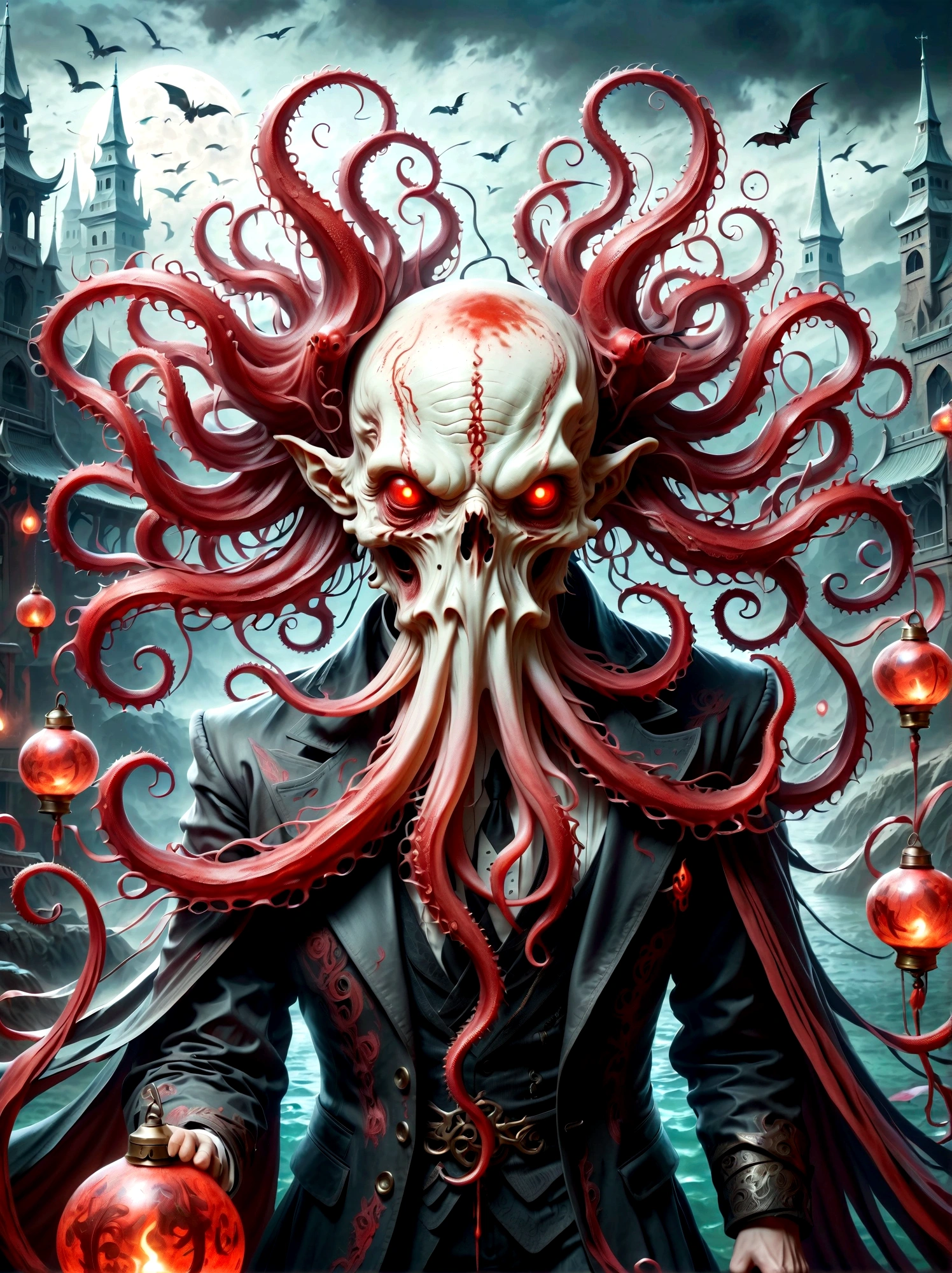 Bloody Cthulhu is extremely scary and weird，Flower of the other shore is charming，Mysterious Manzhu Shahua，hell门口盛开的血色鬼花，Blood-red tentacles guide the souls of the past，charm，Flirtatious，Strange，Gothic style，hell，Fantastic Creatures，Devilish scenery，Unforgettable environment，hell般的气氛，Wonderful lighting，Vibrant colors，Surrealism，Distorted anatomy，Nightmare Creatures，Glowing eyes，Strange形状