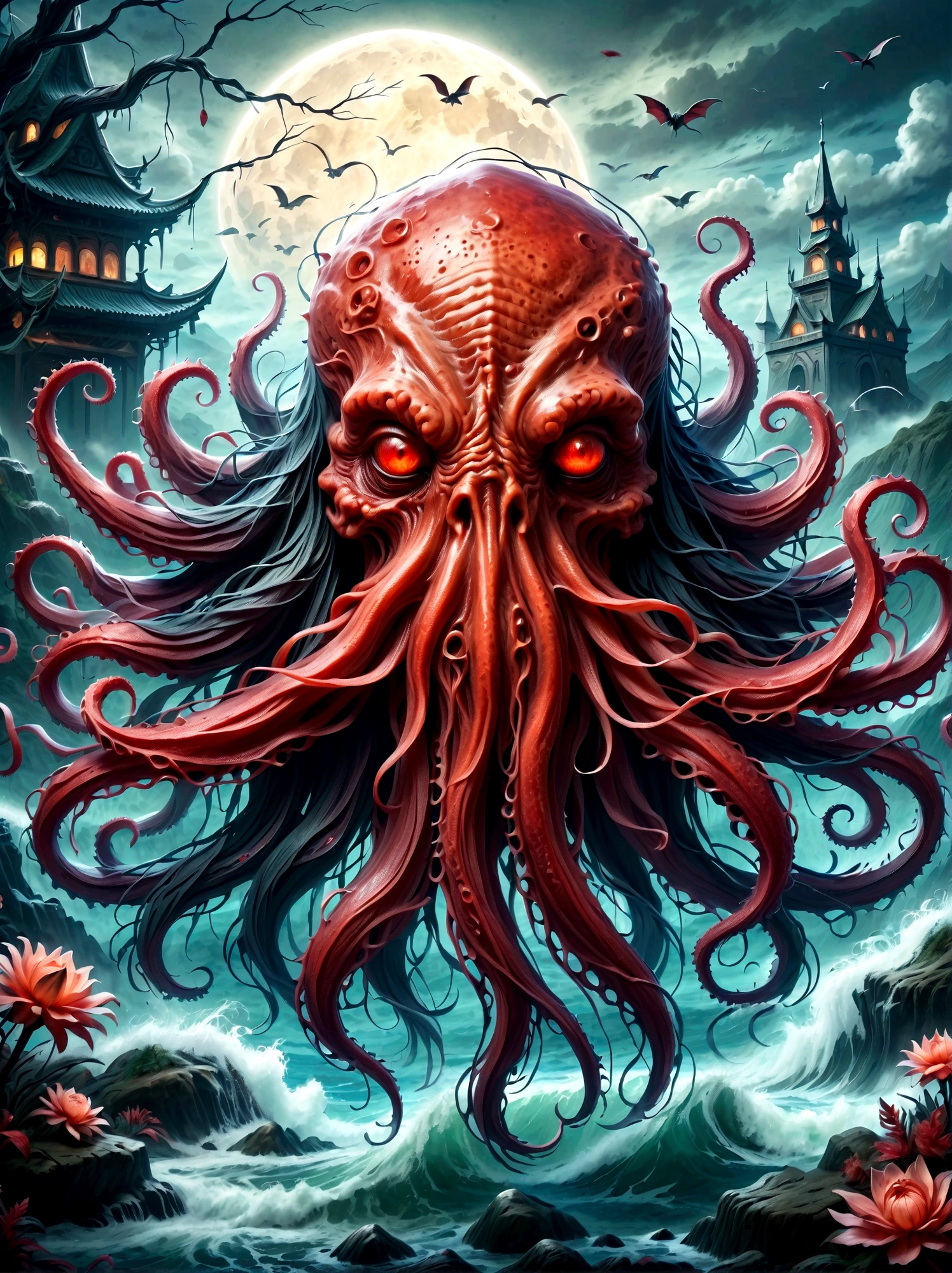 Bloody Cthulhu is extremely scary and weird,Flower of the other shore is charming,Mysterious Manzhu Shahua,hell门口盛开的血色鬼花,Blood-red tentacles guide the souls of the past,charm,Flirtatious,Strange,Gothic style,hell,Fantastic Creatures,Devilish scenery,Unforgettable environment,hell般的气氛,Wonderful lighting,Vibrant colors,Surrealism,Distorted anatomy,Nightmare Creatures,Glowing eyes,Strange形状