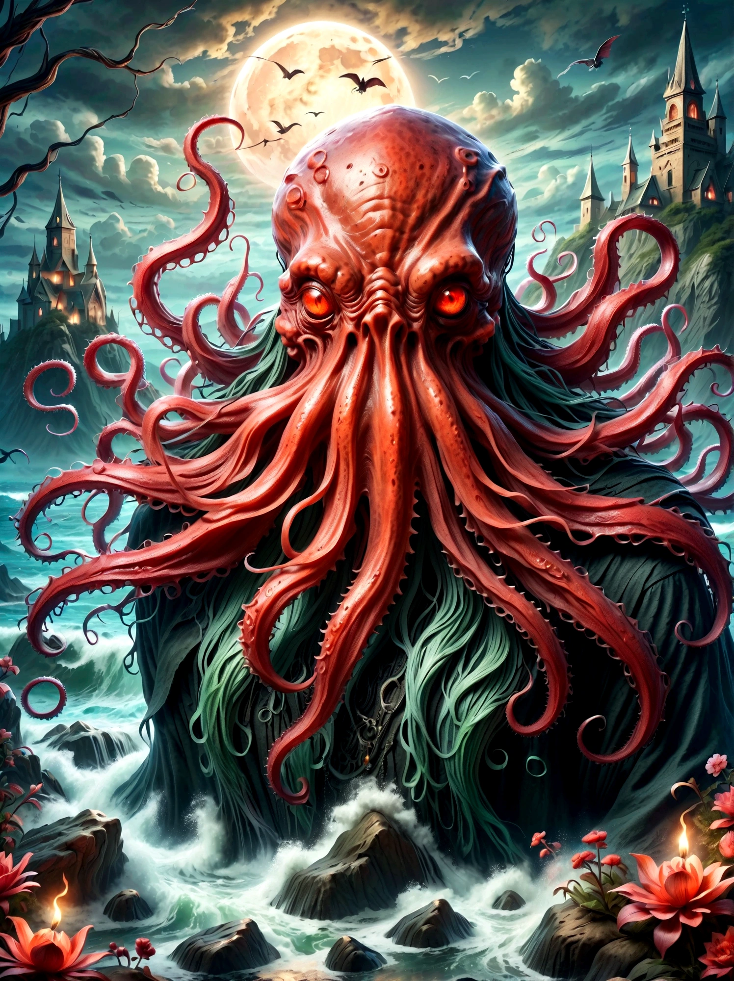 Bloody Cthulhu is extremely scary and weird,Flower of the other shore is charming,Mysterious Manzhu Shahua,hell门口盛开的血色鬼花,Blood-red tentacles guide the souls of the past,charm,Flirtatious,Strange,Gothic style,hell,Fantastic Creatures,Devilish scenery,Unforgettable environment,hell般的气氛,Wonderful lighting,Vibrant colors,Surrealism,Distorted anatomy,Nightmare Creatures,Glowing eyes,Strange形状