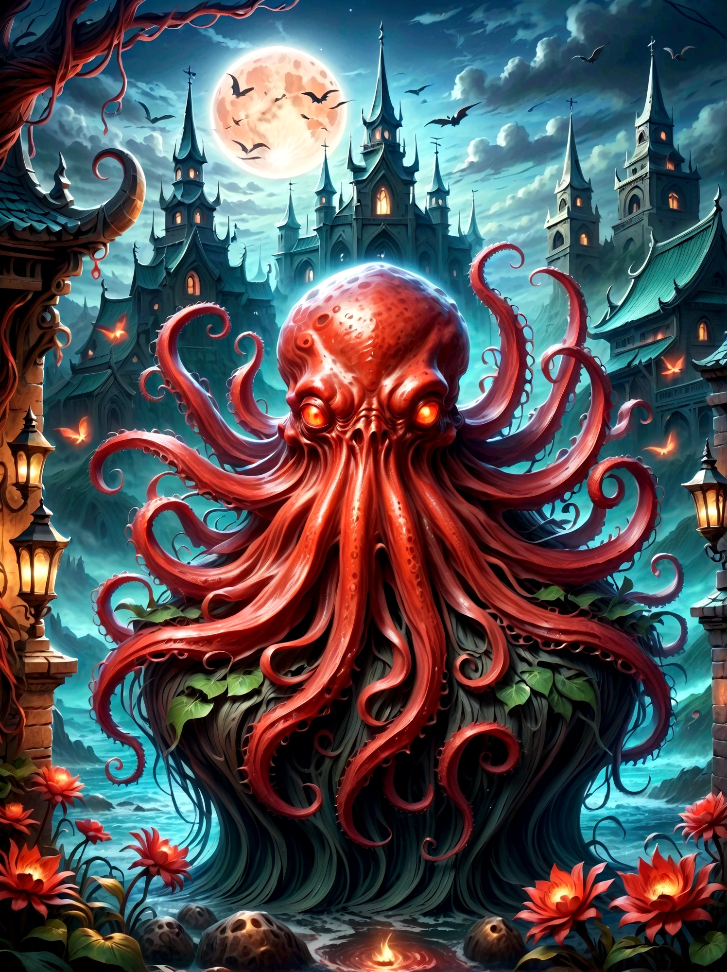 Bloody Cthulhu is extremely scary and weird，Flower of the other shore is charming，Mysterious Manzhu Shahua，hell门口盛开的血色鬼花，Blood-red tentacles guide the souls of the past，charm，Flirtatious，Strange，Gothic style，hell，Fantastic Creatures，Devilish scenery，Unforgettable environment，hell般的气氛，Wonderful lighting，Vibrant colors，Surrealism，Distorted anatomy，Nightmare Creatures，Glowing eyes，Strange形状