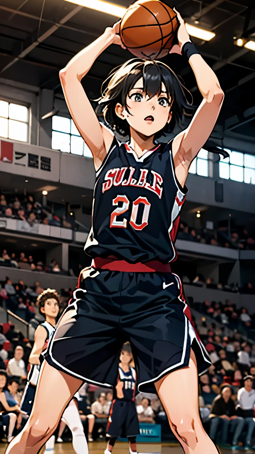 Slam Dunk female protagonist, fictional, dunk shot, basketball uniform, sense of speed, short black hair, detailed eyes,