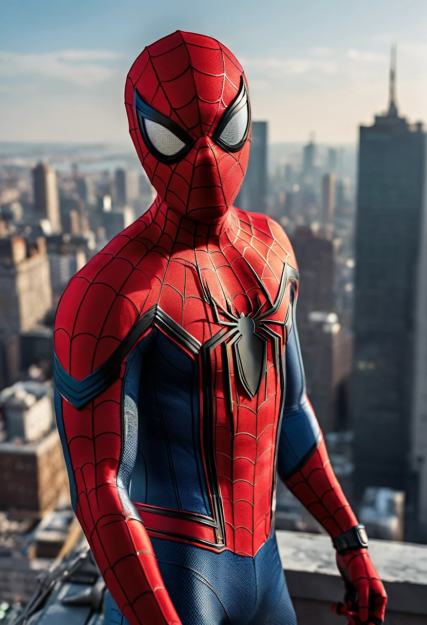 best quality, 8k, very delicate and beautiful, highly detailed face and skin texture, high resolution, spider-man stand on a rooftop with a city view, full body, sharp focus