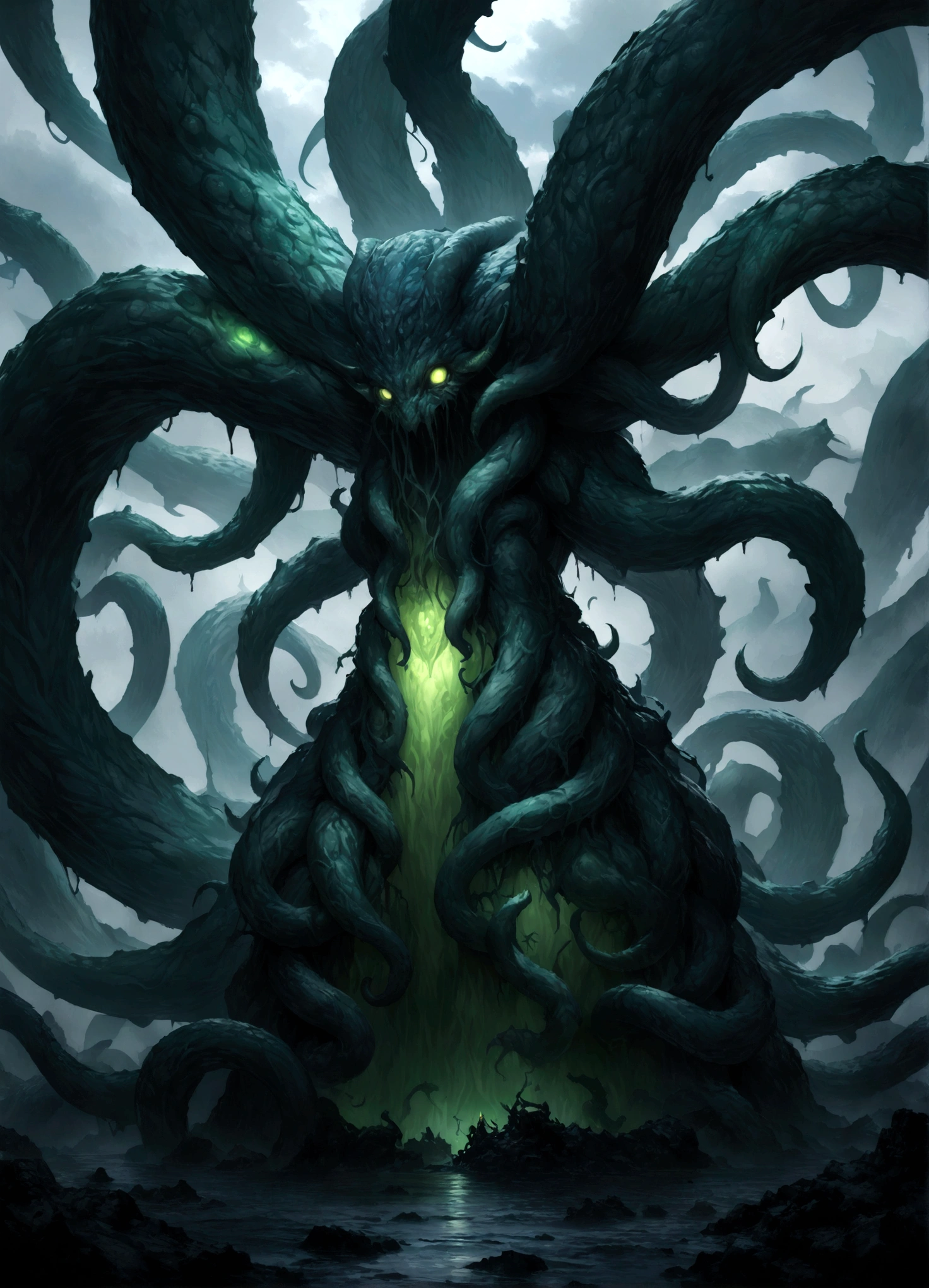 A dark fantasy scene depicting the terrifying creature Cthulhu, emerging from the abyss. The monstrous figure, shrouded in shadows, has large, menacing tentacles reaching out toward the viewer. The atmosphere is eerie and foreboding, with a stormy, nightmarish sky filled with swirling dark clouds. The sea below is turbulent and foamy, reflecting the chaos above. Dim, ghostly lights illuminate parts of Cthulhu’s form, enhancing the horror. The viewer feels an intense sense of dread as the tentacles draw nearer, creating a gripping, immersive experience.,(masterpiece:1.3),(highest quality:1.4),(ultra detailed:1.5),High resolution,extremely detailed,unity 8k wallpaper,