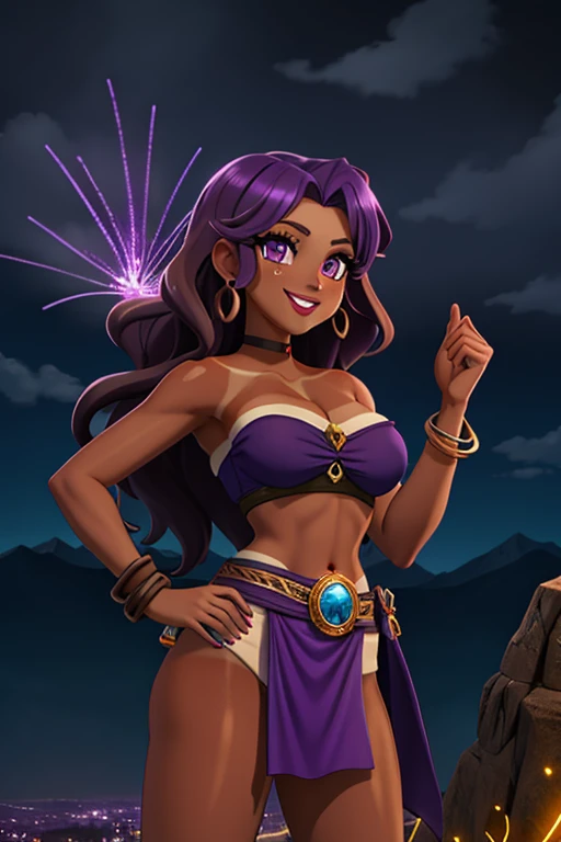 (best quality:1.3), (4K quality),masterpiece, best quality, high res, detailed, (Detailed face:1.2), (Detailed eyes:1.2), (Perfect figure:1.2), CARTOON, ANIME, CARTOON ARTSTYLE, Fantasy style, Fantasy setting, solo, 1girl, 25 year old woman, sorceress, (Tan bronze skin:1.5), purple hair, wavy hair, long hair, purple eyes, mascaras purple eyeshadow, smile, purple lipstick, tattoos, medium breasts, waist, slender legs, attractive body, slim figure, perfect shape, (Wearing: purple strapless top, purple loincloth, pelvic curtain, bracelets), looking at viewer, both hands glowing bright purple, purple magic, bright purple sparks in both hands, BREAK (Night time, gloomy and isolated tone, outdoors, dark clouds in the sky, purple lighting, gorgeous view of the mountains)