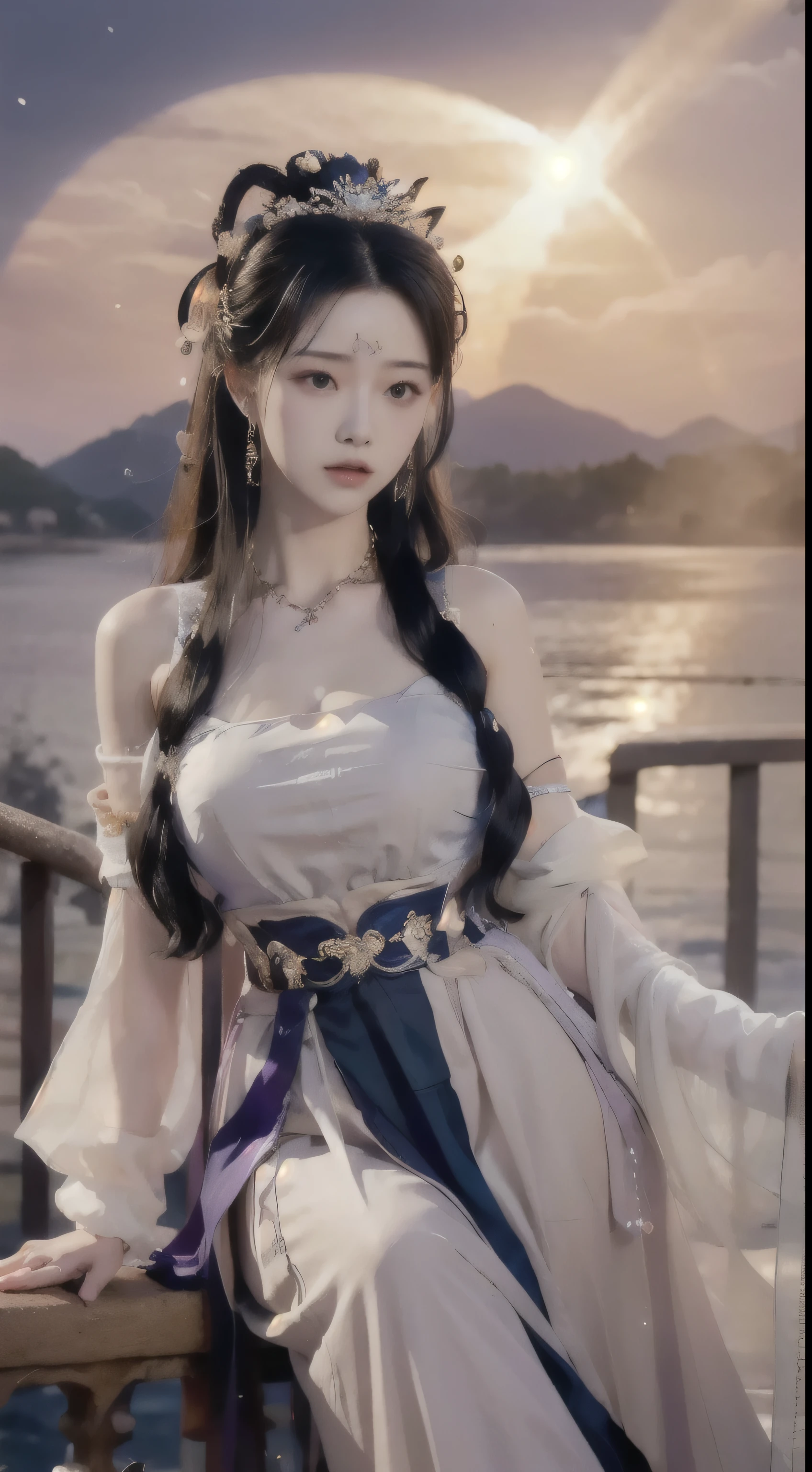 night, Deep blue sky, Purple, Light Purple Dress, Long skirt at chest, long black hair, long hair and waist, Beautiful girl, God, god, White headdress, Sitting on the railing, hair, side fringe, scarf, hair ornament, Forehead Gem, Baolai Jewelry Branch, crescent hair ornament, fish hair ornament, God ray, flash, movie lighting, Lens flare, Ultra HD, High Detail, high quality, high resolution, best quality, 8K, 16K, High Detail, high quality, high quality, Super Detail, Anatomically correct, masterpiece, precise