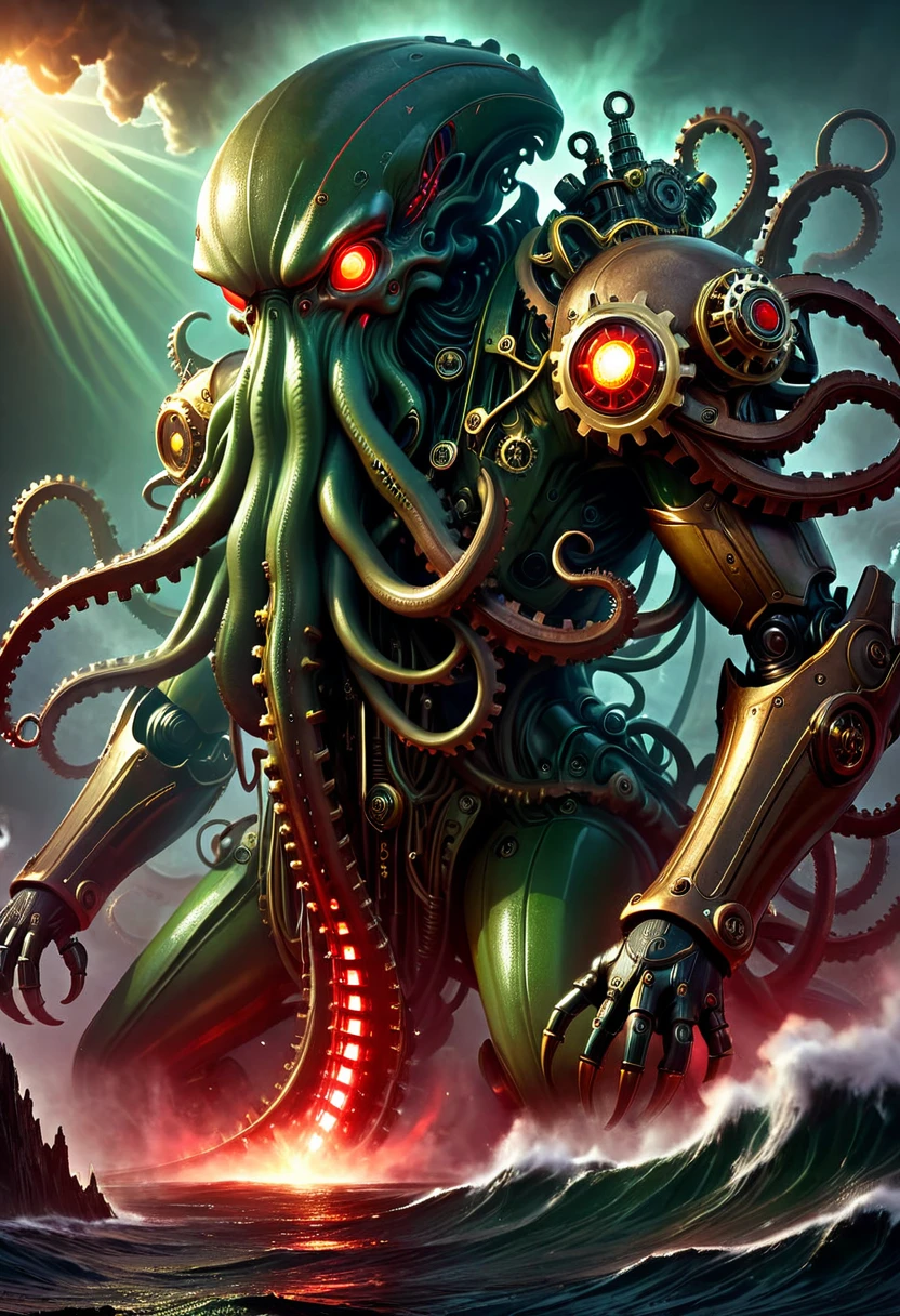 High Resolution, High Quality , Masterpiece. Steampunk-inspired, dark gothic digital painting showcasing a colossal Cthulhu-mecha up close, intertwining gears and gear-shaped tentacles, adorned with intricate eyepieces, intense searchlights, parts gilded with precision, billowing smoke and flickering sparks, invoking both fascination and fear, composed of a rich palette of red, green, and brown, octane render