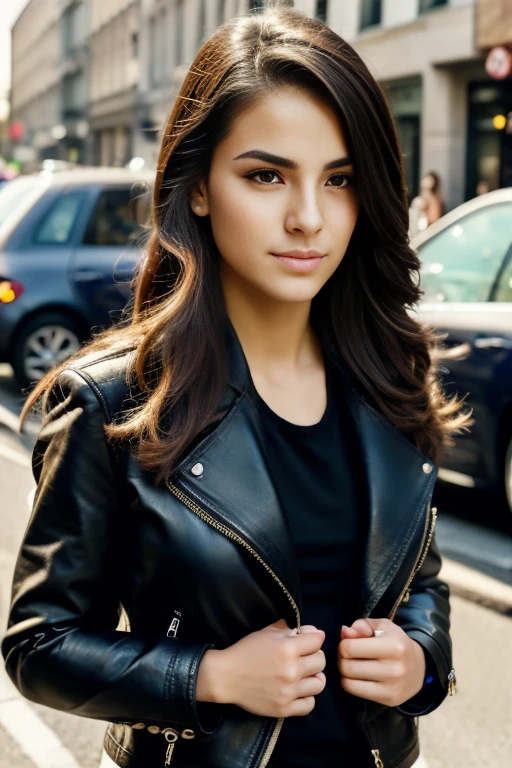 a beautiful girl in the street, long flowing hair, leather jacket, confident expression, dynamic pose, detailed facial features, extremely detailed skin and hair, cinematic lighting, dramatic shadows, vibrant colors, photorealistic, 8k, hyper detailed