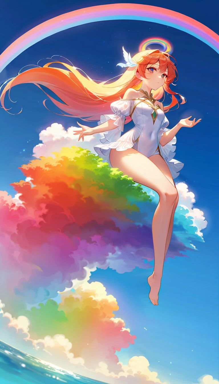 A stunningly ethereal figure, composed of a dazzling array of rainbow hues, relaxes gracefully on fluffy clouds at the end of a radiant rainbow in the sky. Bathed in dynamic and enchanting lighting, accentuates her vibrant, full-bodied form. Fantasy art. Masterpiece