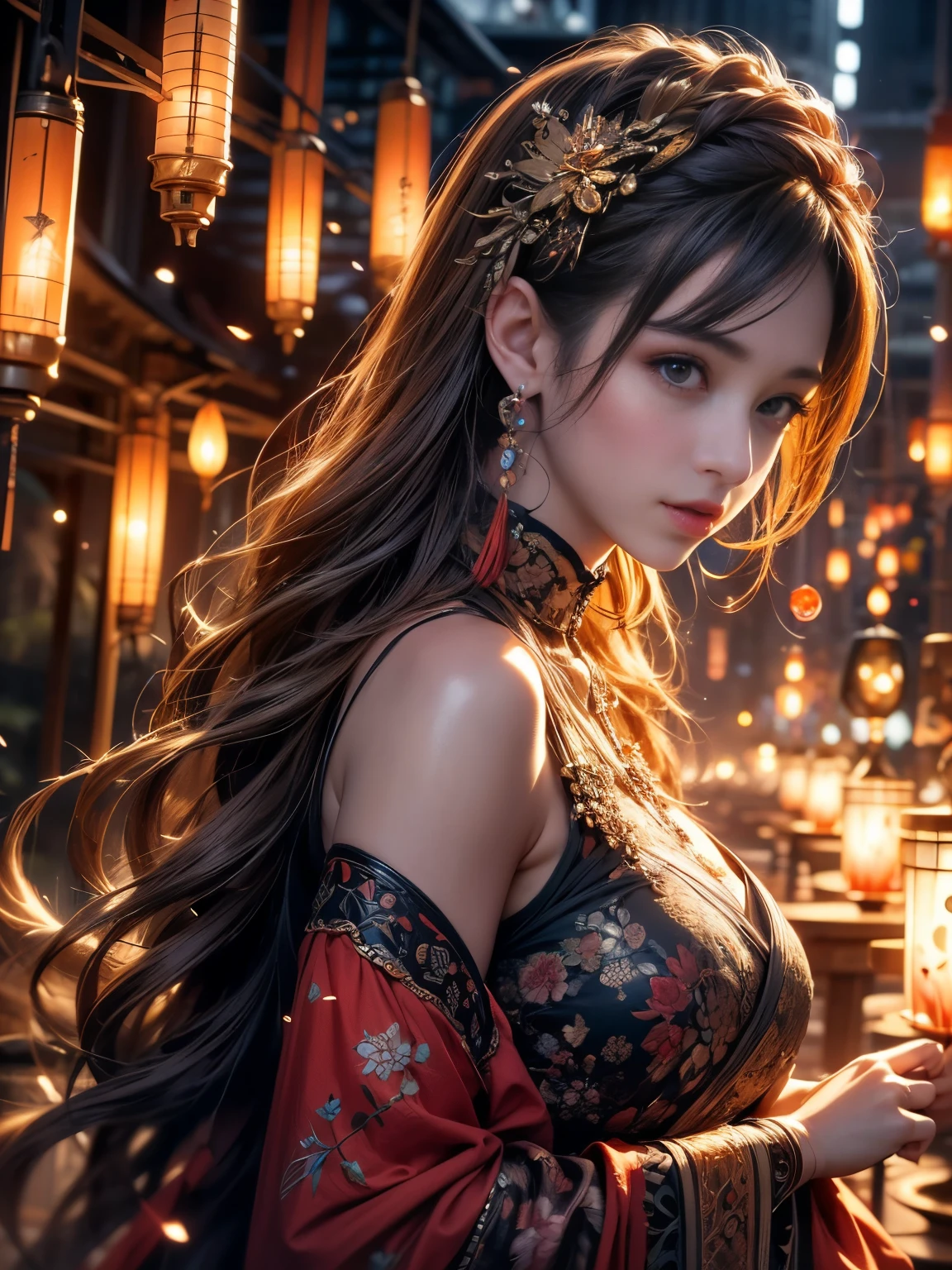 (8k, highest quality, masterpiece: 1.2), (Realistic, photoRealistic: 1.37), Super detailed, One Girl, Wide viewing angles, Firefly Garden, There are lots of little faint lights and fireflies flying around, night, big firm bouncing bust