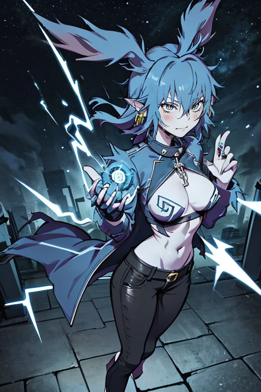 Wolfie, girl1, solo, cowboy shot, full body view, blue hair, smiling, black leather pants, spirals, yellow eyes, ears, earrings, spike caller, serious look, lightning hands, glowing veins, electric power, glowing hands, electric hands