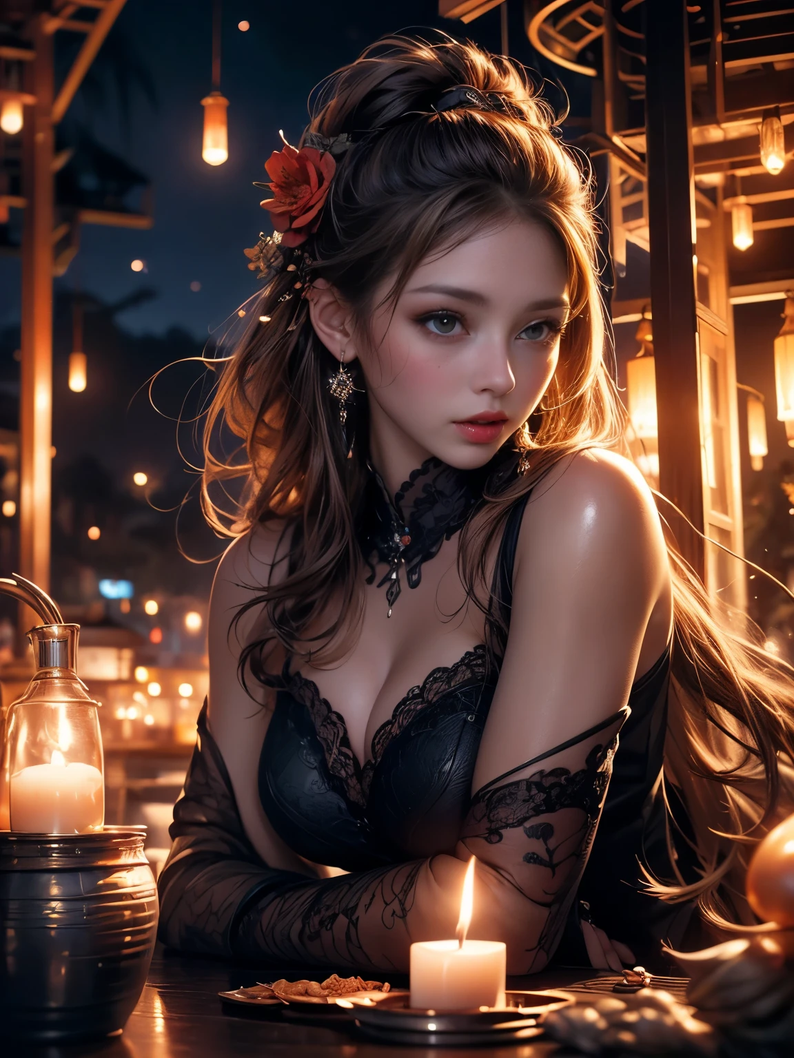 (8k, highest quality, masterpiece: 1.2), (Realistic, photoRealistic: 1.37), Super detailed, One Girl, Wide viewing angles, Firefly Garden, There are lots of little faint lights and fireflies flying around, night, big firm bouncing bust