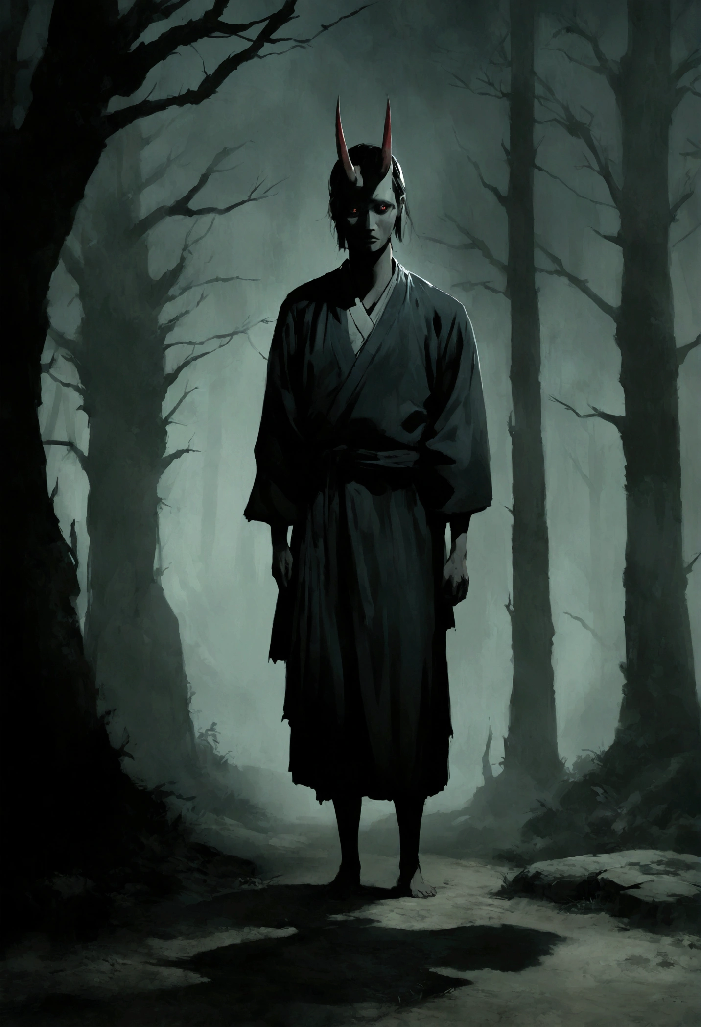 Create a hyper-realistic image of a Shadow Oni, a demon emerging from human shadows, depicted from head to toe. The oni is wearing a dark, tattered kimono and standing in a bizarre, unsettling posture. The background should resemble settings commonly used in horror movies, such as a dark, abandoned shrine or a misty forest with eerie lighting. The scene should be as detailed as possible, creating a live-action effect with a Japanese horror movie aesthetic."