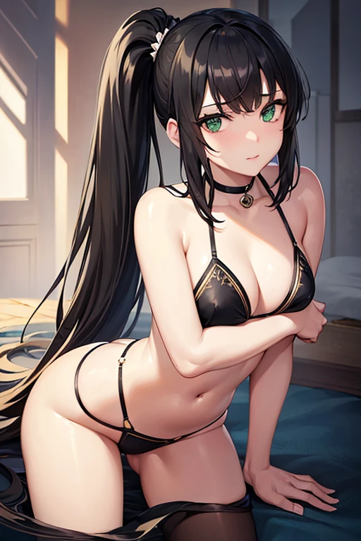 woman,White skin, long black hair,Side Ponytail,Character portrait,Green Eyes,masterpiece,highest quality,beautiful,An illustration,Colorful Refraction,Highly detailed CG uniformity,Delicate facial features,Highly detailed skin,Cross your arms,shame,Tiny Bikini