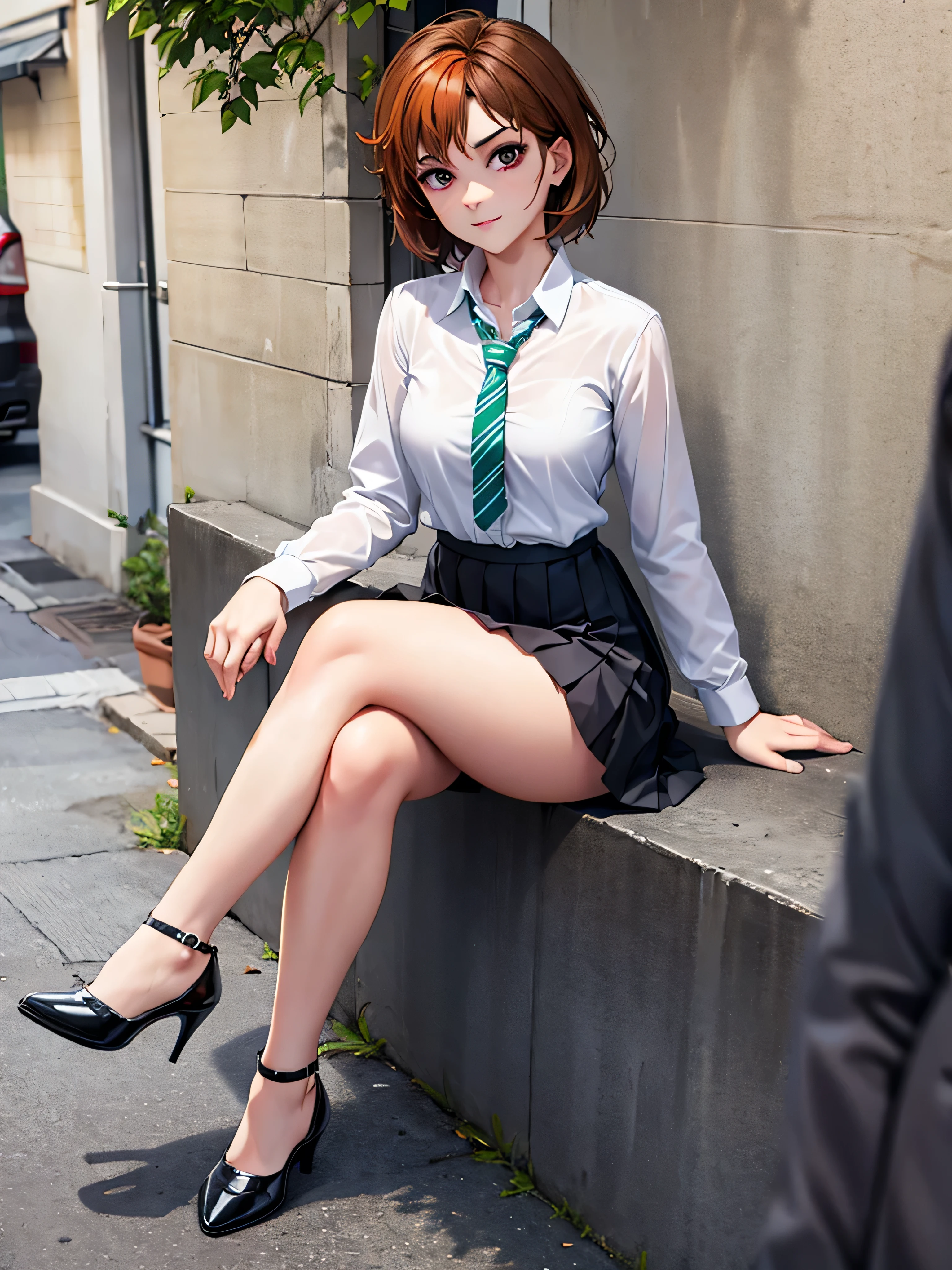 merula, full body, black mini skirt, pleated skirt, sitting, school, green striped necktie, crossed legs, thighs, high heels, blouse