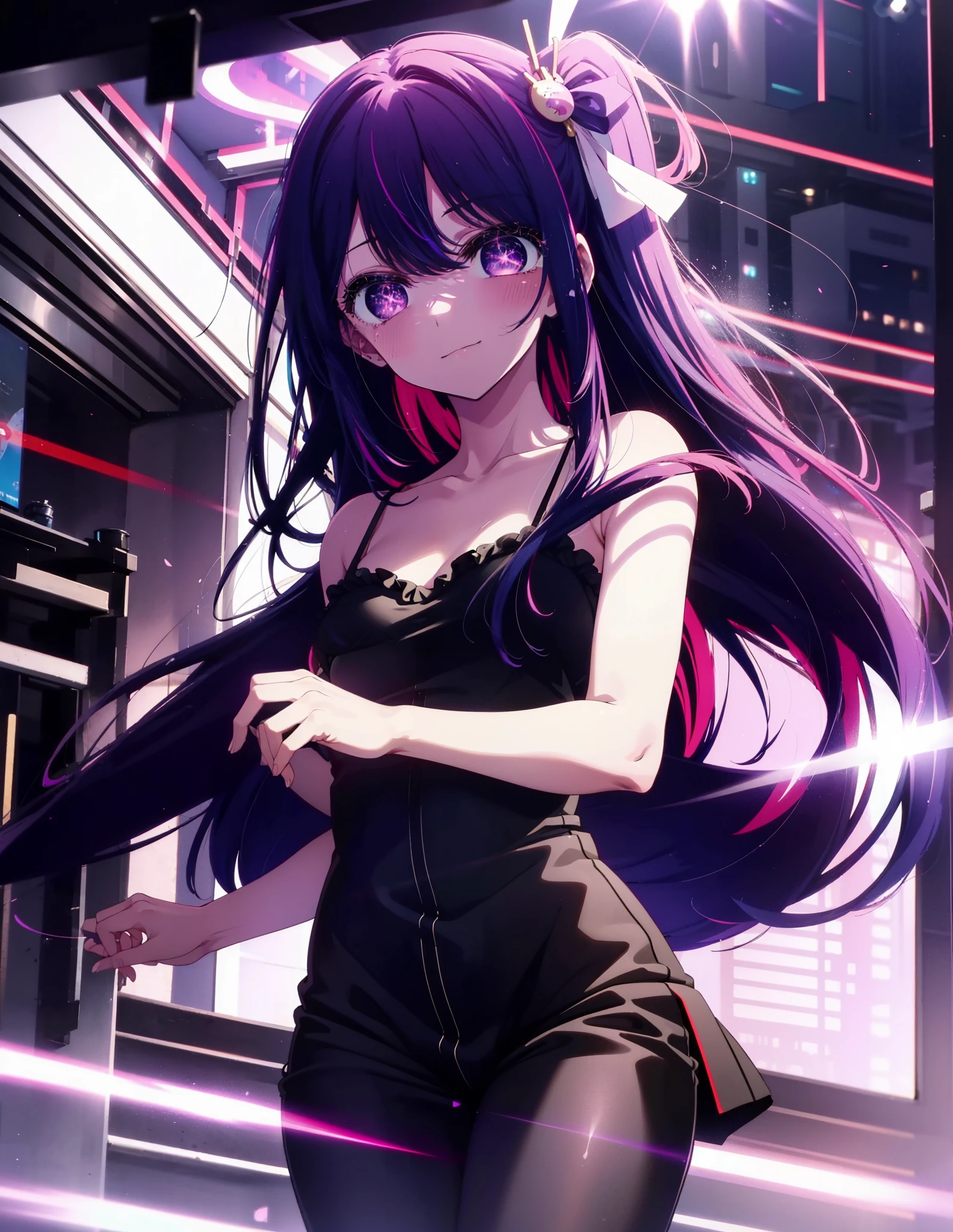aihoshino, Ai Hoshino, Long Hair, bangs, (Purple eyes:1.1), Purple Hair, (Symbol-shaped pupil:1.5),
happy smile, smile, Open your mouth,one side up, hair ornaments, Hair Ribbon, Sleeveless dress,black skinny pants,Stiletto heels,walking,whole bodyがイラストに入るように,Daytime,Clear skies,
break indoors, office,
break looking at viewer, whole body,(Cowboy Shot:1. 5)
break (masterpiece:1.2), highest quality, High resolution, unity 8k wallpaper, (figure:0.8), (Beautiful fine details:1.6), Highly detailed face, Perfect lighting, Highly detailed CG, (Perfect hands, Perfect Anatomy),