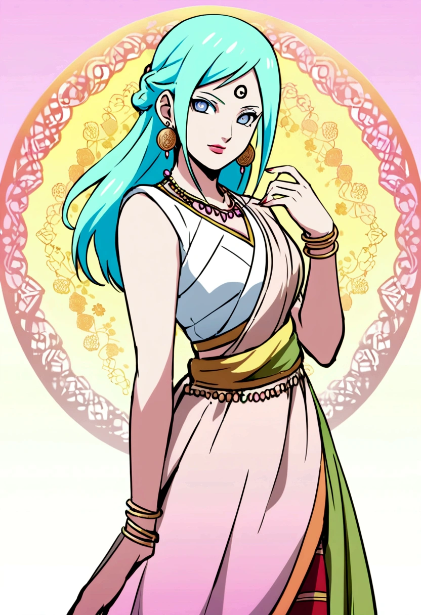 Hinata Hyuga (from Naruto),A beautiful, traditional Indian saree. You can choose a specific region's style for the saree, like Kanjeevaram or Banarasi.
The saree can be a pastel color that complements Hinata's hair and eye color, or a vibrant color that reflects her newfound confidence.
Include elegant jewelry like bangles, earrings, and a necklace that would suit Hinata's personality, Hinata standing gracefully, perhaps with one hand behind her back, and the other hand curved at her hip,Anime style with a focus on capturing Hinata's gentle beauty and newfound confidence