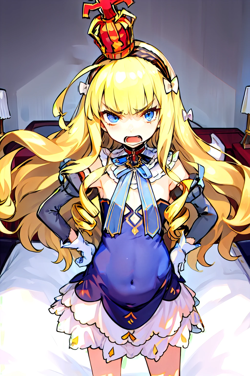 eqlc, 1girl, long hair, solo, strapless dress, blonde hair, crown, blue eyes, hairband, looking at viewer, white gloves, small breasts, flat chest, covered navel, bow, black hairband, detached sleeves, bangs, mini crown, detached collar, angry face,  open mouth, hands on hips, bedroom