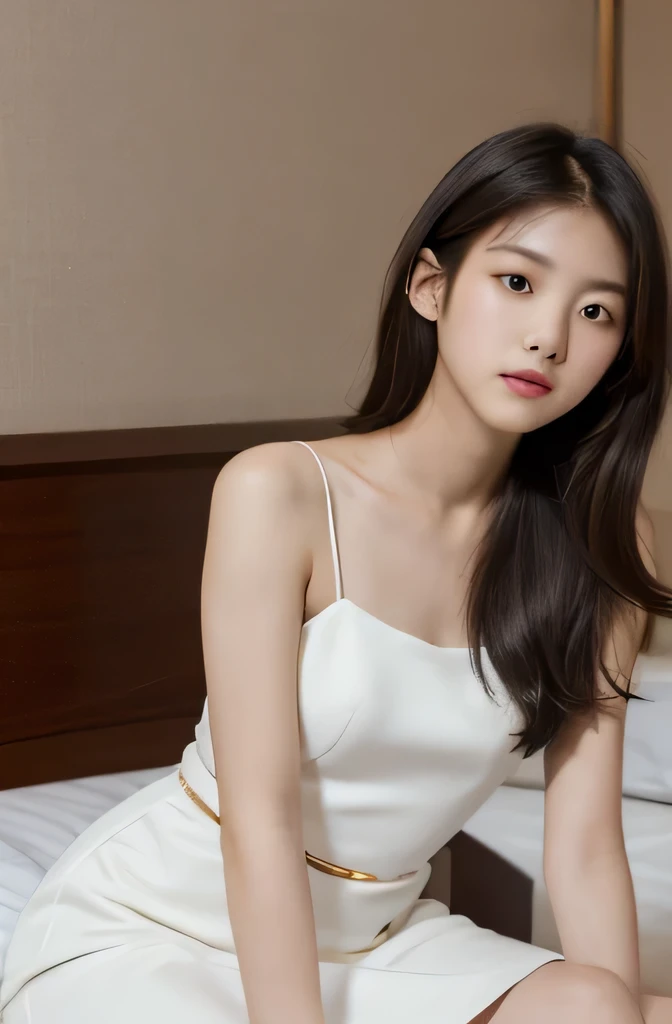 Asian Woman, Korean supermodel, 18-year-old, Black Hair, Small Nose, Height: 150cm, Fantastic white dress, White skin, 8k, Clear images, (Golden ratio composition, masterpiece, ), Seductive pose, The background is a hotel room, On the bed, Night-Time, Low lighting, Deep Shadow, (RAW Photos:1.2), (Realistic), Brown Hair, (Photographing the upper body),