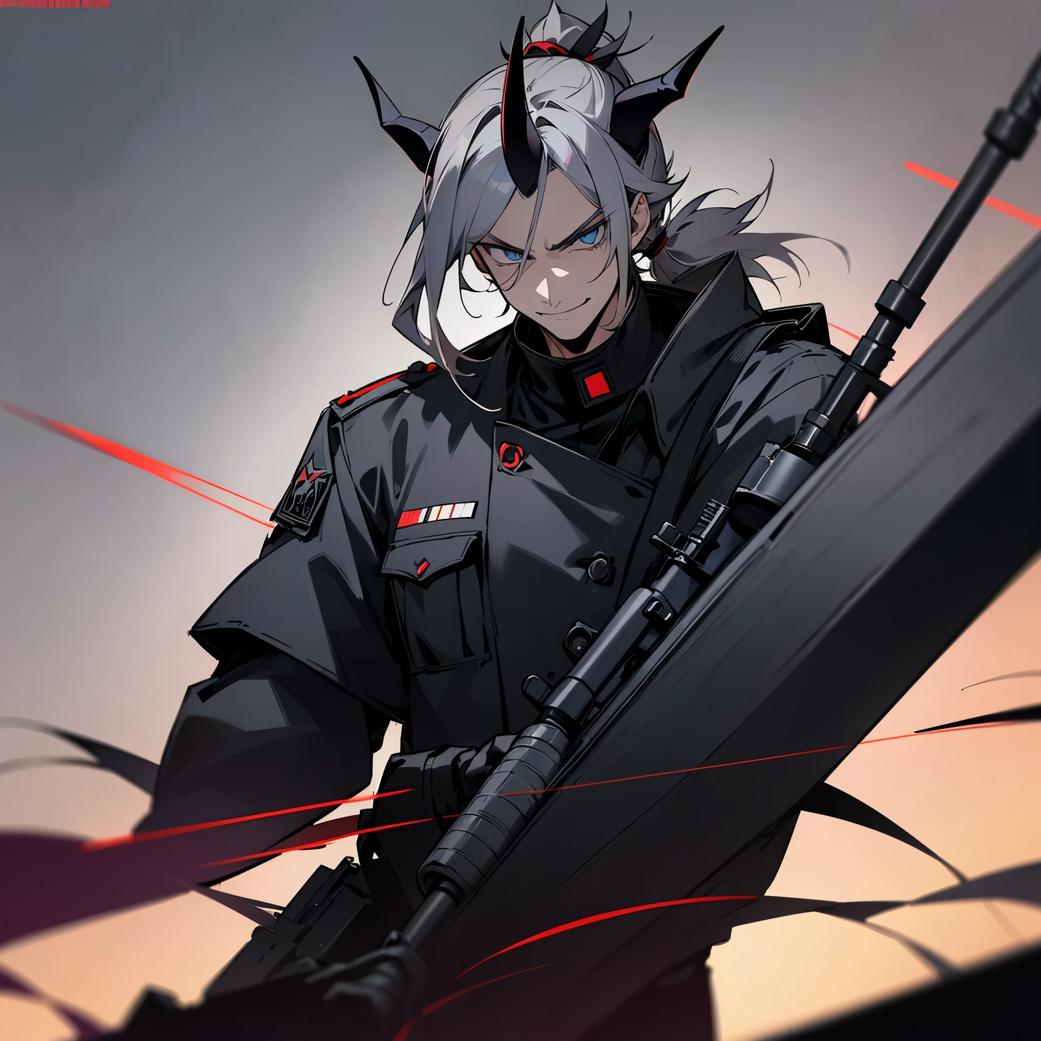 1male, manly, grey ponytail, with black demon horns, a black demon tail, holding a sniper, in a black military outfit. Looking serious, with a smirk. Night Streets background.