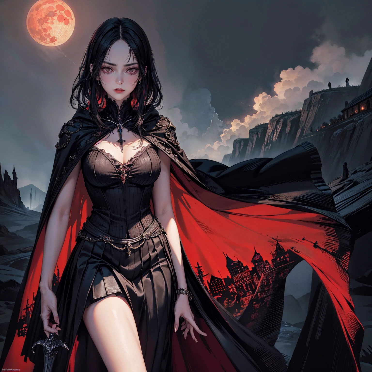 best quality, 4k, high resolution, masterpiece:1.2, Very detailed, actual:1.37, Mood lighting, Girl in a cloak, Wearing a tight gothic skirt that shows a little skin above the chest, Dangerous sneer, Black Hair, Stand sideways, Crucified, Pitch black sky, Blood-red moon, strange atmosphere, Gothic style, Unforgettable beauty, Dramatic shadows, Ethereal Light, Mysterious atmosphere.