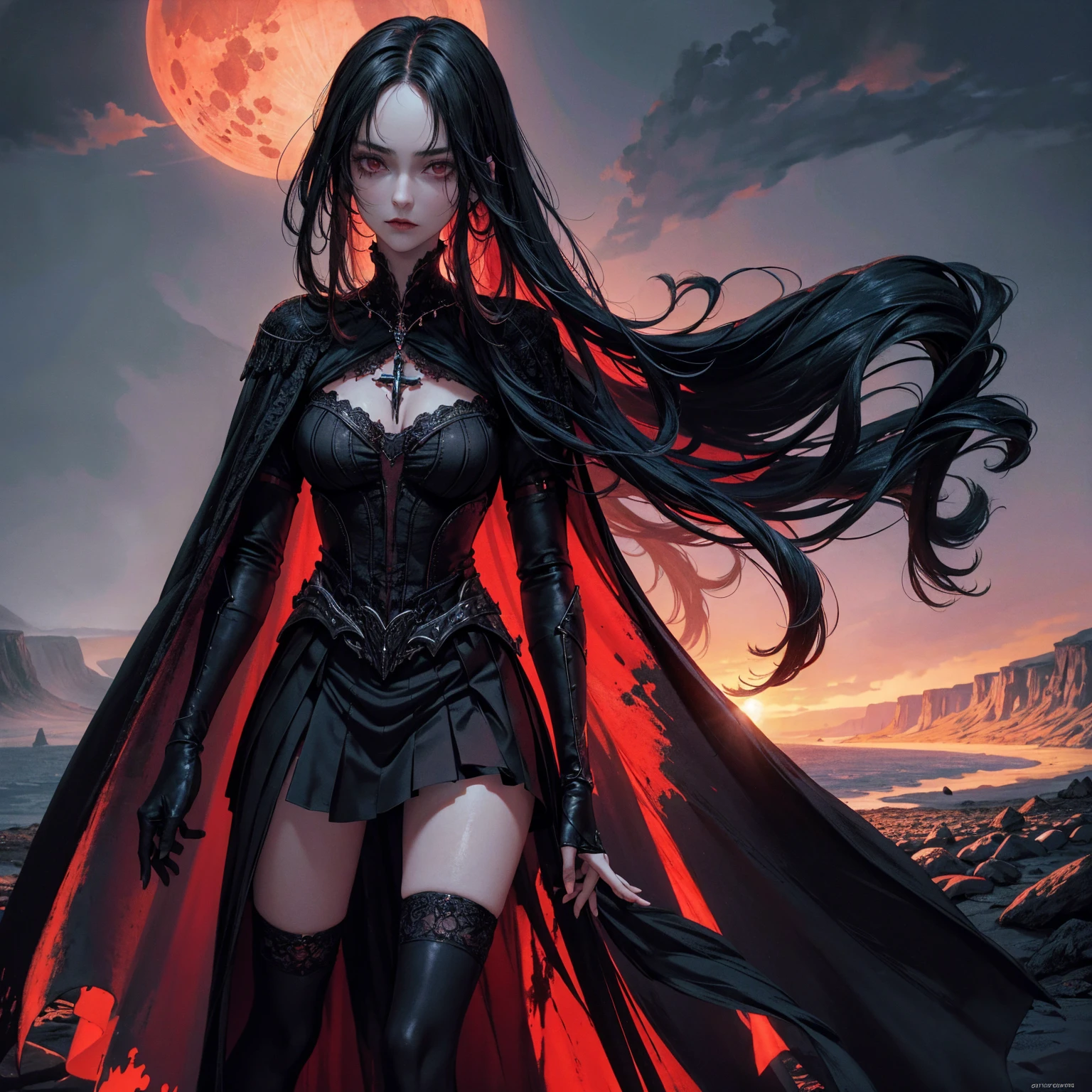 best quality, 4k, high resolution, masterpiece:1.2, Very detailed, actual:1.37, Mood lighting, Girl in a cloak, Wearing a tight gothic skirt that shows a little skin above the chest, Dangerous sneer, Black Hair, Stand sideways, Crucified, Pitch black sky, Blood-red moon, strange atmosphere, Gothic style, Unforgettable beauty, Dramatic shadows, Ethereal Light, Mysterious atmosphere.