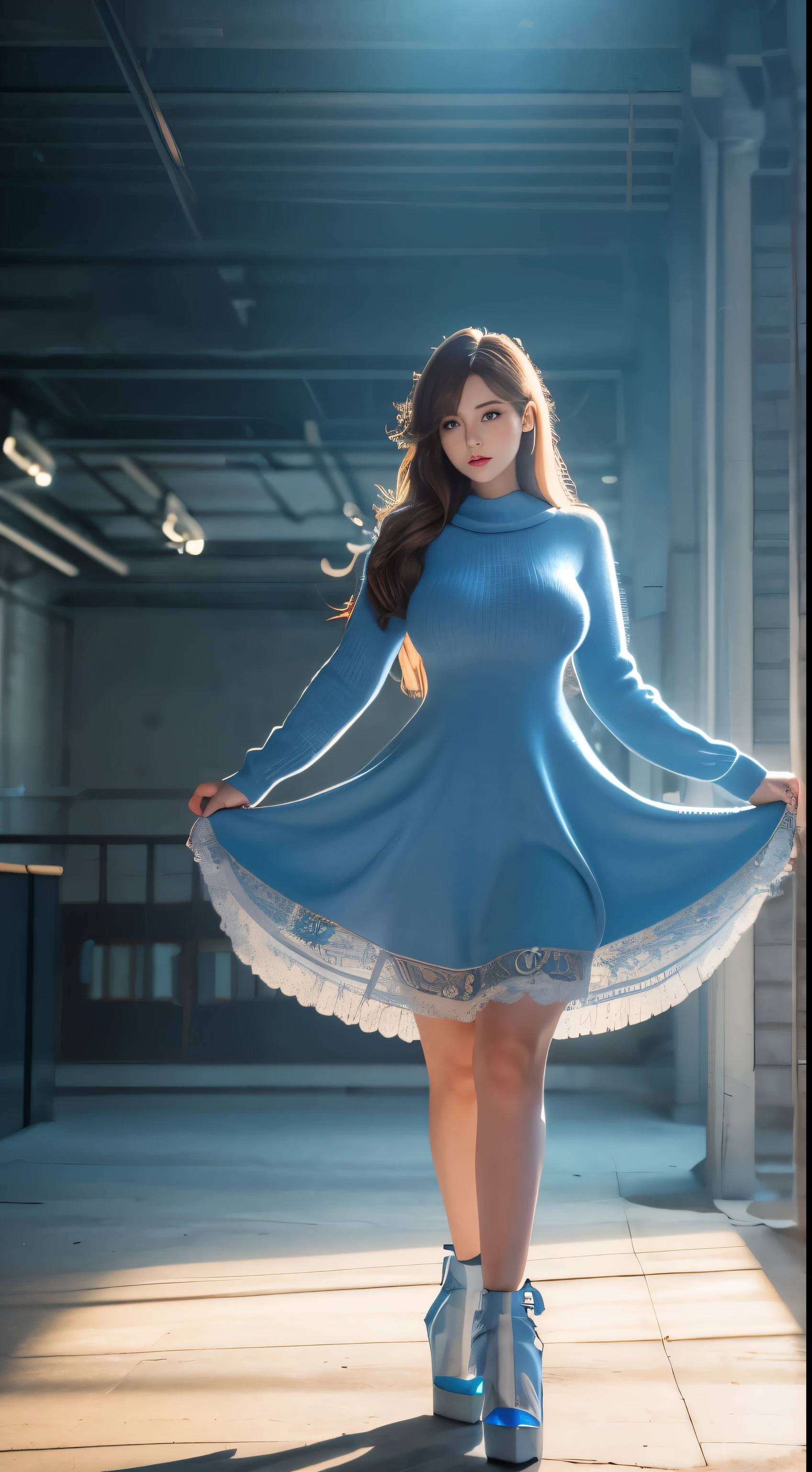 Highly detailed CG 8k highest quality, Volumetric lighting, Highly detailed face, , Long Hair, sweater, ,, Huge big breasts, Slender body, Cute heels,standing, dress,Bright light blue clothes