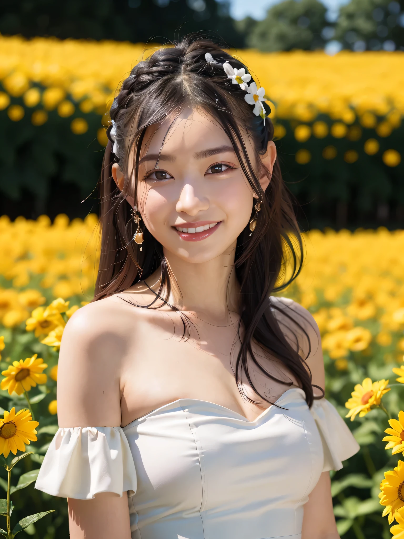 highest quality, masterpiece, Ultra-high resolution, (Realistic:1.4), RAW Photos, One girl, White Dress, Off the shoulder, Flower Field, Glowing Skin, A light smile