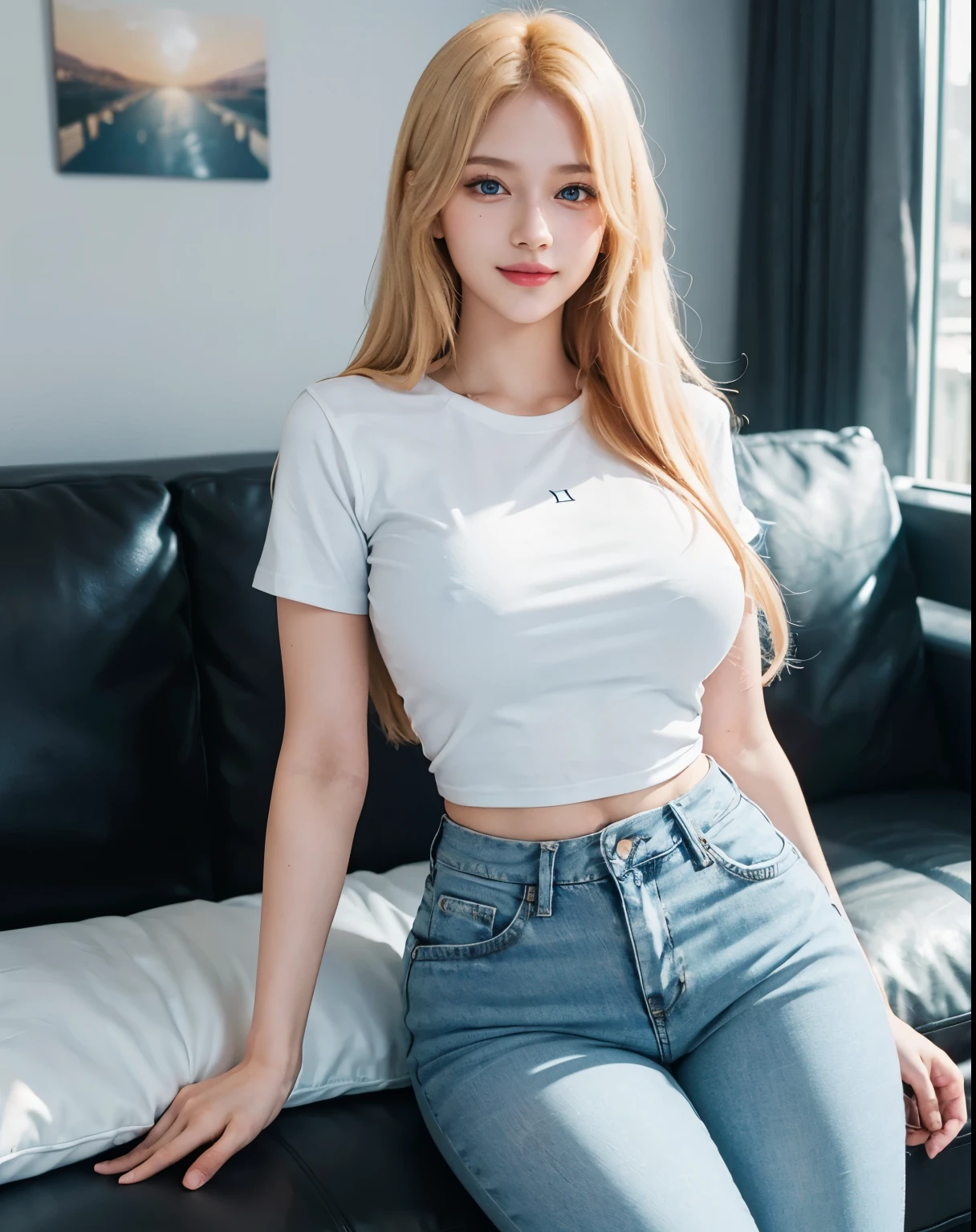 1girl, (Blue Eyes), (smiling :1.2), (Sana Minatozaki), (wide hips :1.2), Big , (big ass), (thin waist: 1.2), (thick and toned thighs :1.1), (Best Quality, 8k, Masterpiece: 1.3), Clear Focus: 1.2, Perfect Body Beauty: 1.4, strong abs, Highly detailed face and skin texture, detailed eyes, double eyelids, (shiny skin), (blonde long straight hair), (white t-shirt), (high waist jeans), lies on a couch, full body, in the living room