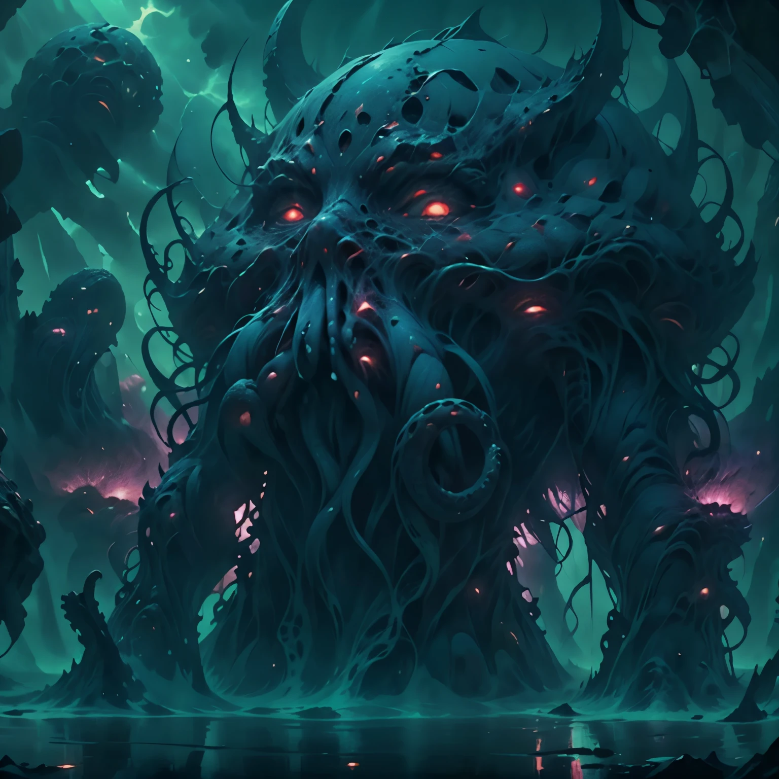 a monstrous tentacled entity,surreal dark fantasy,malevolent cosmic horror,tentacles,an elder god,abyssal depths,nightmarish,otherworldly,atmospheric,dramatic lighting,chiaroscuro,moody colors,deep blues and purples,glowing eyes,detailed textures,intricate patterns,organic forms,best quality,8k,high-resolution,photorealistic,masterpiece,digital painting,concept art