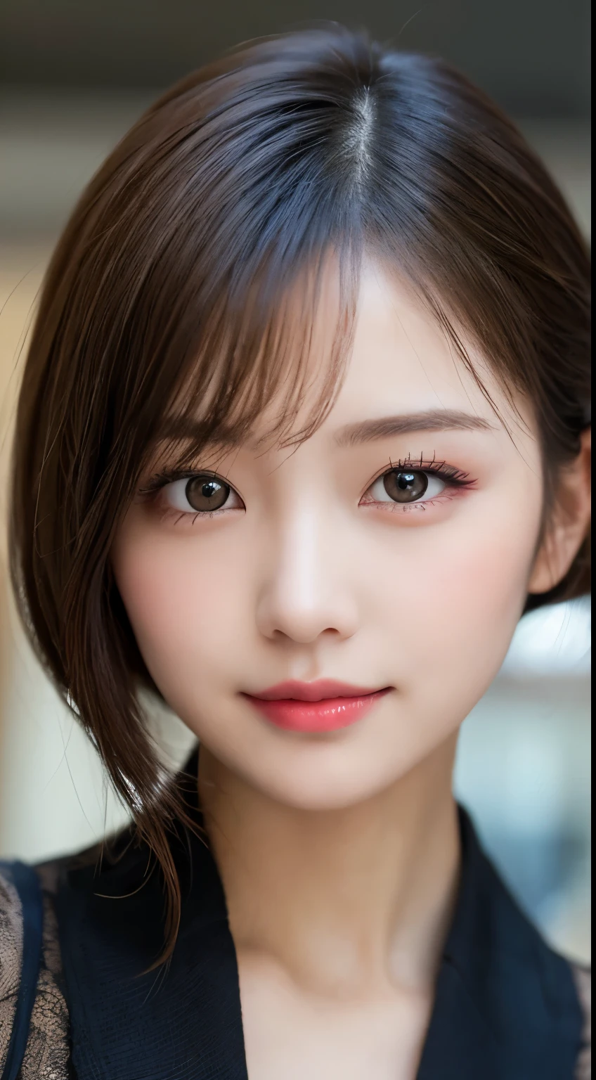 Tabletop, highest quality, shape, Very detailed, finely, High resolution, 8k wallpaper, 完璧なダイナミックな構shape, Beautiful and exquisite,ランダムなcute髪,,Natural color lip, Bold sexy pose,smile、20-year-old girl、cute、Looking into the camera,Always blur the background,Perfect and beautiful face,Slim face and figure,Big eyes、Putting on gal makeup,Small face,Shooting from below、smile,Blurred Background,Elegant feminine face、Cyberpunk Fashion
