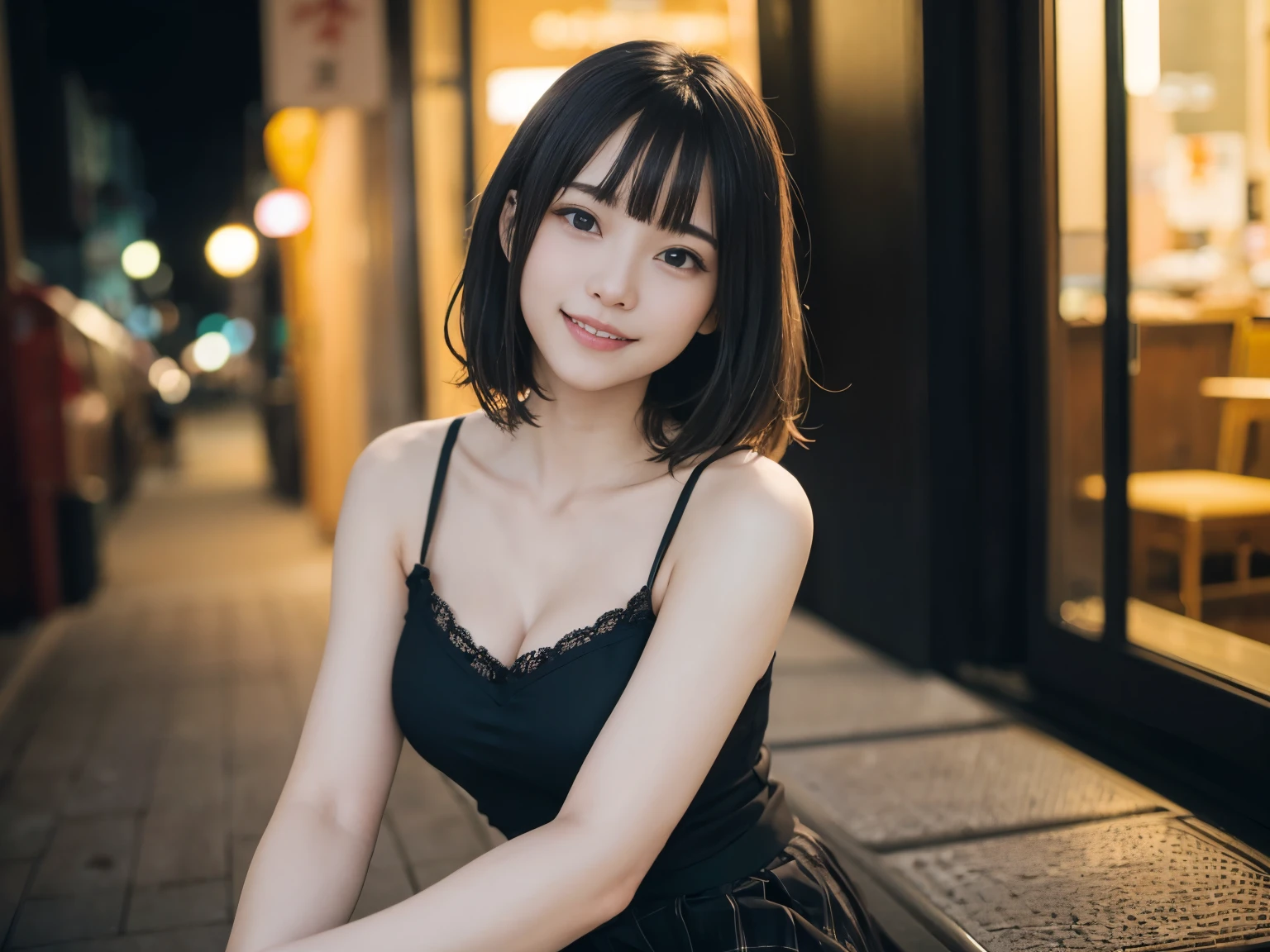 (Realistic: 1.4), (highest quality: 1.4), Ultra-high resolution, (fine grain),Full Body Shot,((Pose for gravure photography)),1. High school girl、Curly Hair、Curly Hair、(Straight bangs)、,1 girl, Tokyo, night, Cityscape, City lights, Black camisole,Black pleated skirt, smile, (8k, RAW Photos, highest quality, masterpiece: 1.2), (Genuine, photoGenuine: 1.37),smile,Idol,