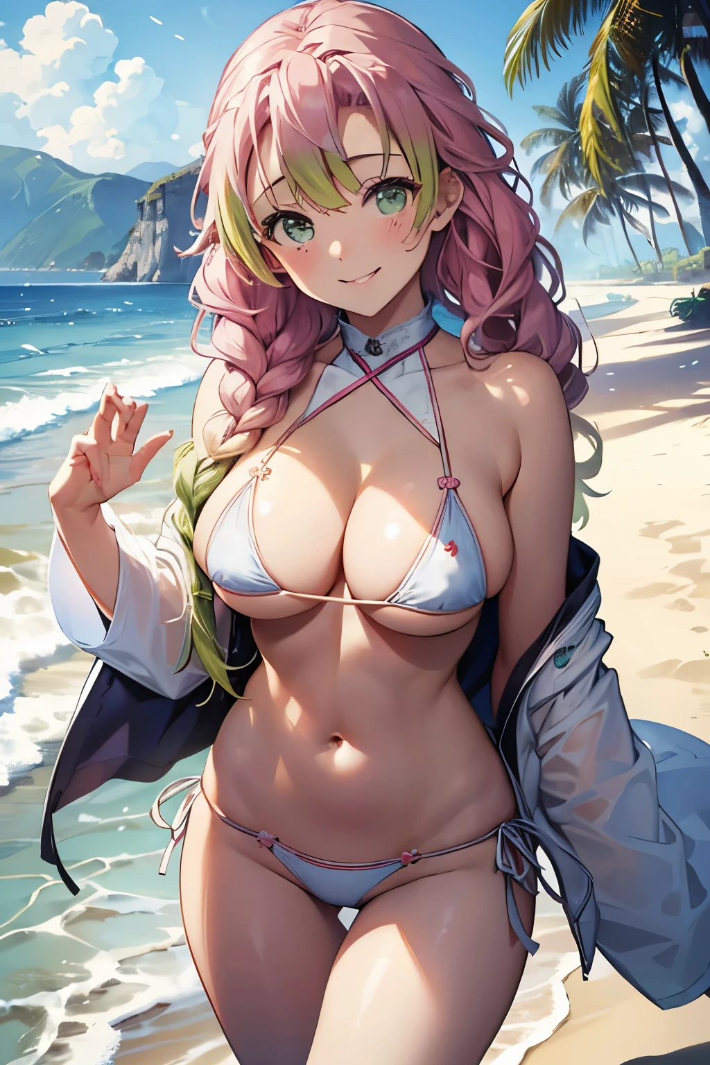 (8K、masterpiece、Highly detailed background、high resolution)、(mitsuri kanroji)、Cleavage、(beach、White Bikini、Gravure pose、Embarrassed smile、Nipple protrusion)