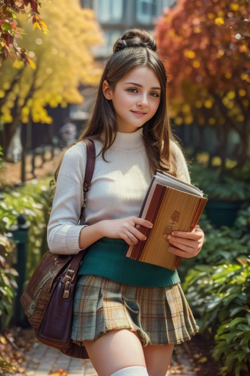 a , cute young girl in , school campus, outdoor garden, autumn leaves, sunlight, detailed facial features, beautiful eyes, long eyelashes, small nose, full lips, natural expression, detailed clothing folds, pleated skirt, knee-high socks, school bag, holding books, (best quality,4k,8k,highres,masterpiece:1.2),ultra-detailed,(realistic,photorealistic,photo-realistic:1.37),vibrant colors, natural lighting, cinematic composition, intricate background details, soft focus, warm color palette