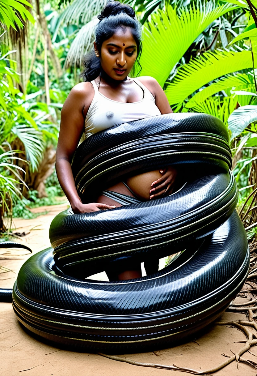 Pregnant Happy Horny, aroused 1girl), beautiful kneeling Indian girl with black giant colossal titanboa squeezing her hard, wrapped in thick spiraling coils, constricted, struggle, gasping for air, snake attack, snake peril, in the jungle