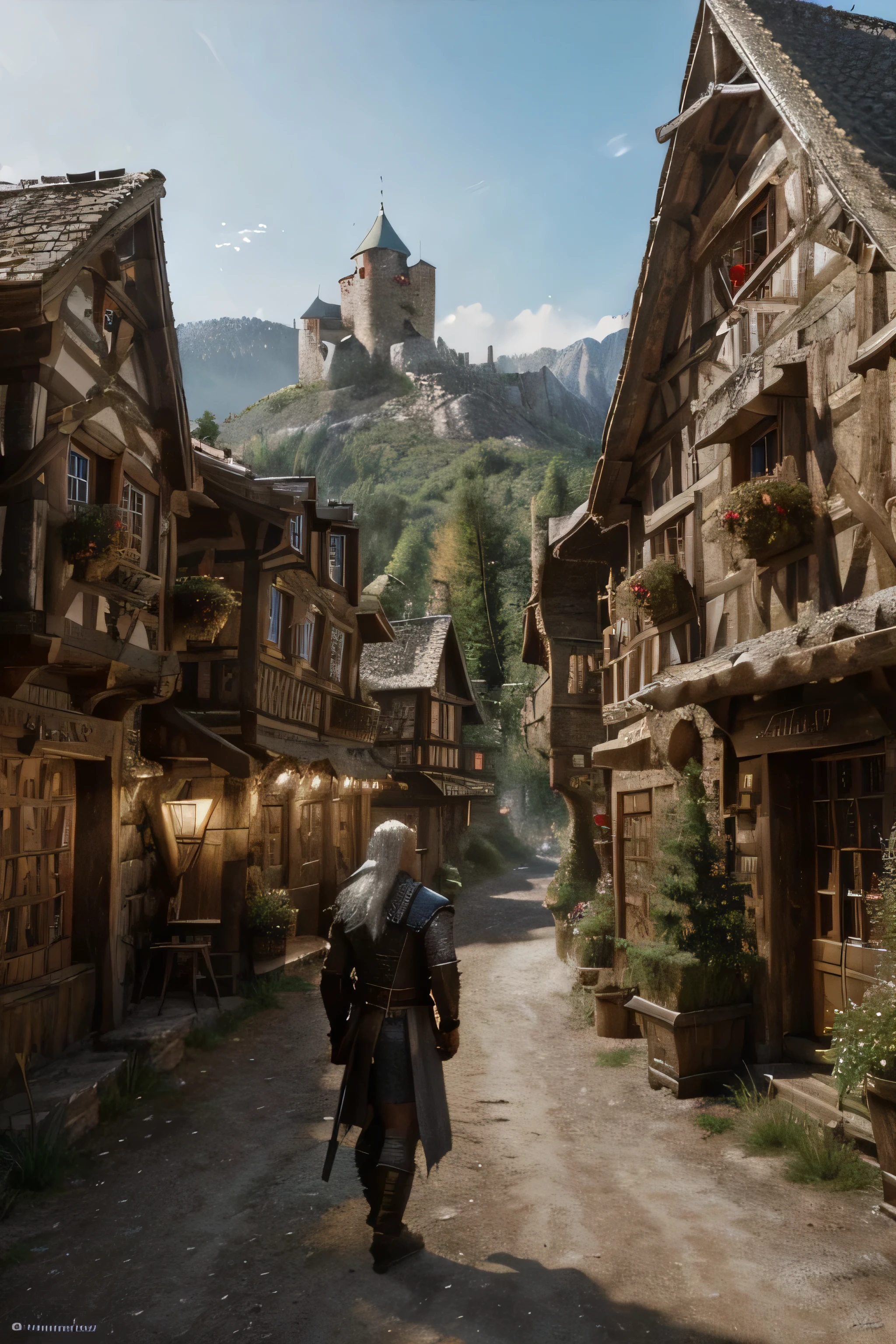 Photo realistic, High definition medieval tavern town set in the witcher world with monsters from the witcher in the background, in the foreground is Geralt of rivia with sword in air, with a monster head in his other hand
