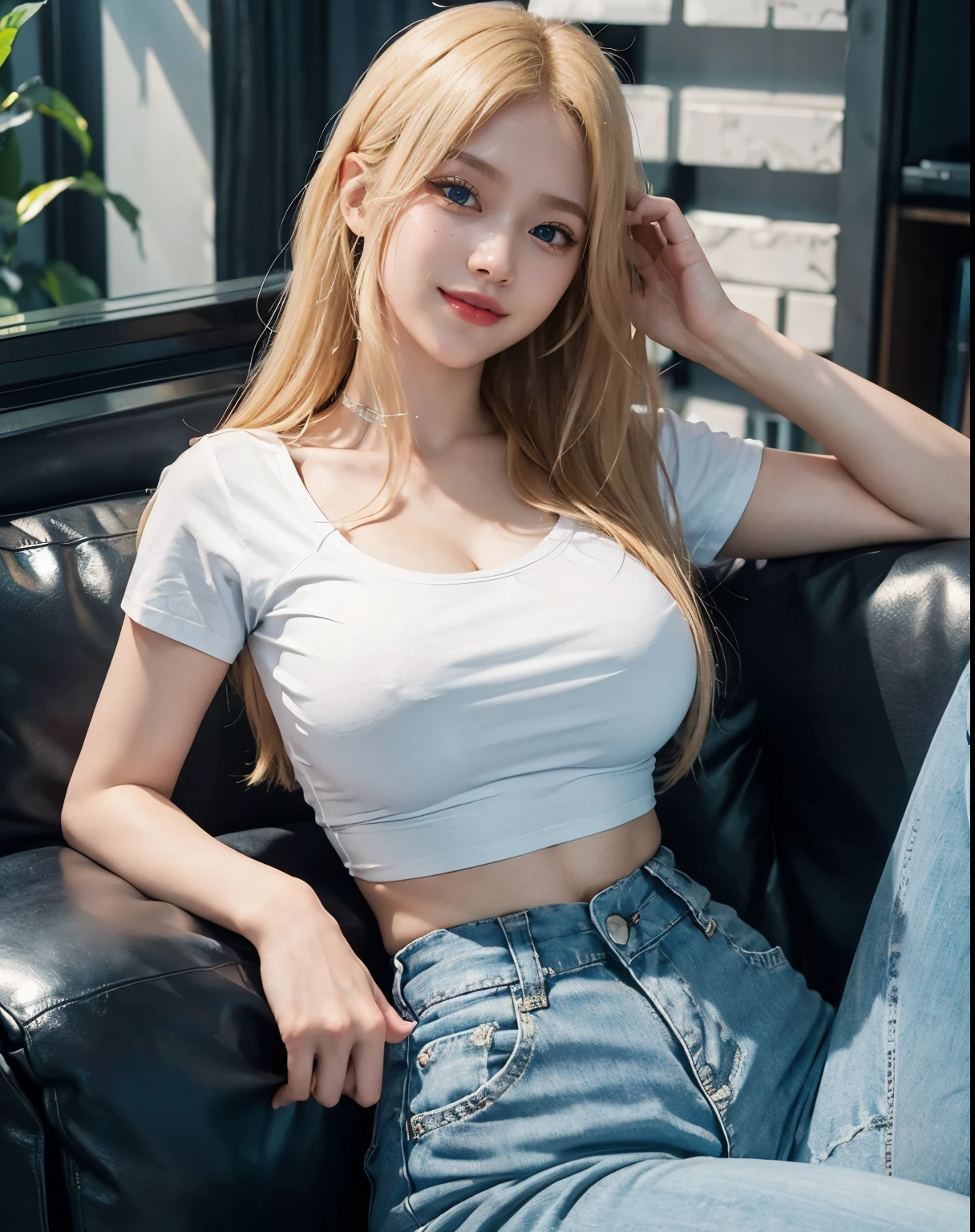 1girl, (Blue Eyes), (smiling :1.2), (Sana Minatozaki), (wide hips :1.2), Big , (big ass), (thin waist: 1.2), (thick and toned thighs :1.1), (Best Quality, 8k, Masterpiece: 1.3), Clear Focus: 1.2, Perfect Body Beauty: 1.4, strong abs, Highly detailed face and skin texture, detailed eyes, double eyelids, (shiny skin), (blonde long straight hair), (white t-shirt), (high waist jeans), lies on a couch, full body, in the living room