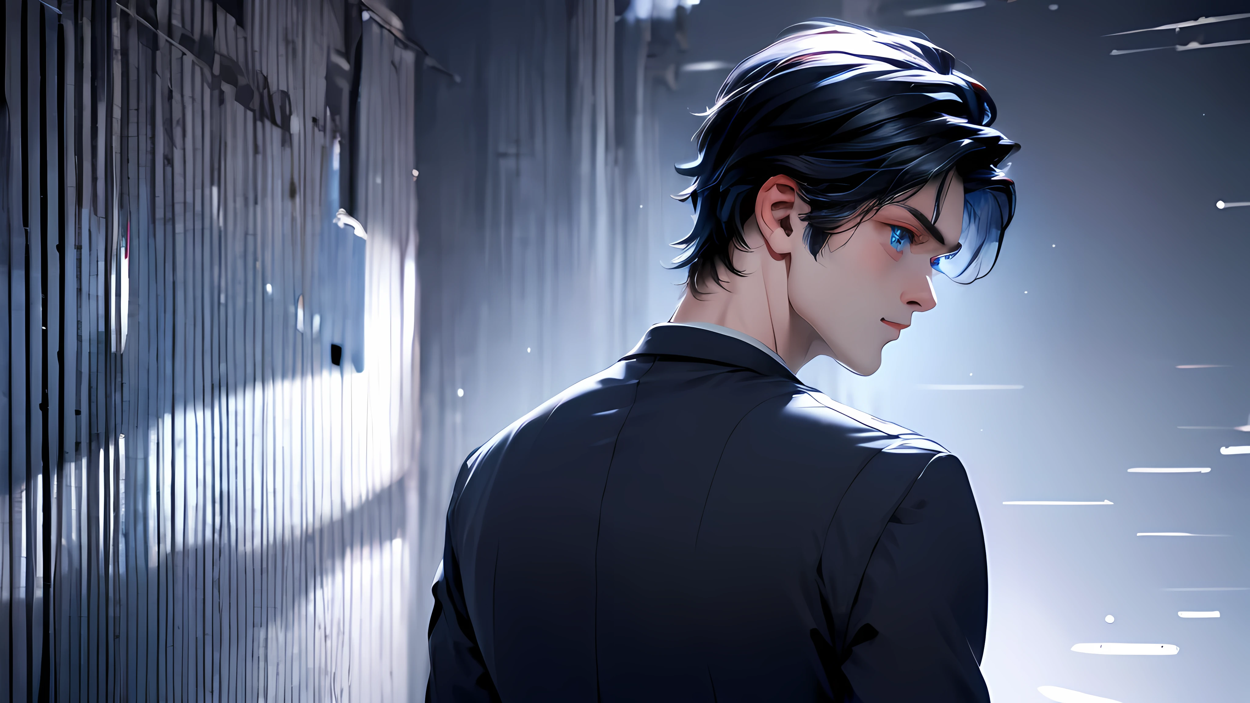 1 boy, medium light blackblue hair, light blue eyes, wearing black suit,night city, absurdres, high res, ultrasharp, 8K, masterpiece, looking from behind