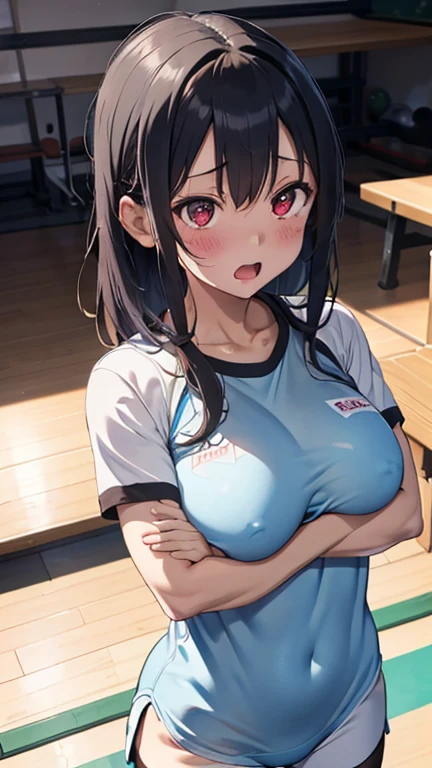 mastute piece,Best Quality,insanely detailed,8k cg,nsfw,
(shoot upper body:1.3),
(1girls:1.3),standing,looking at viewr,body in front,both arms behind back,(table tennis uniform),(bare breasts:1.2),
break,
blush,shy,(ecstasy face),(trembling:1.2),break,(light blue hair),
break,
perfect breasts,perfect teats,(open mouth:0.9),(large breasts:1.3),
(gym)、