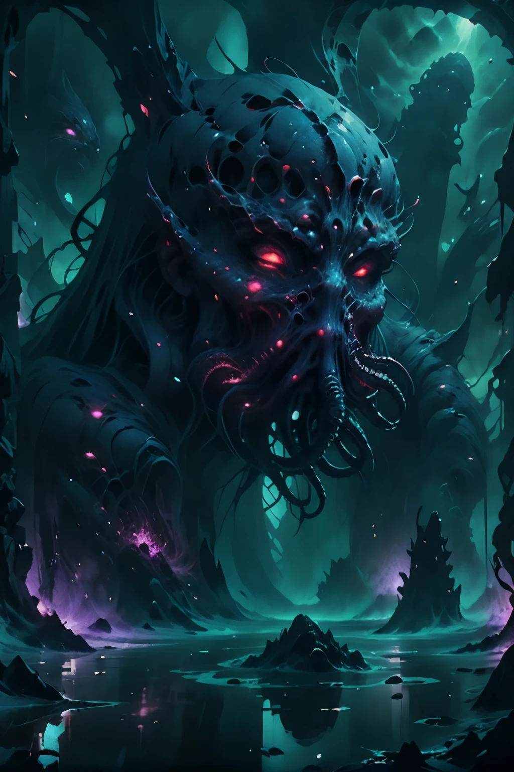 a monstrous tentacled entity,surreal dark fantasy,malevolent cosmic horror,tentacles,an elder god,abyssal depths,nightmarish,otherworldly,atmospheric,dramatic lighting,chiaroscuro,moody colors,deep blues and purples,glowing eyes,detailed textures,intricate patterns,organic forms,best quality,8k,high-resolution,photorealistic,masterpiece,digital painting,concept art