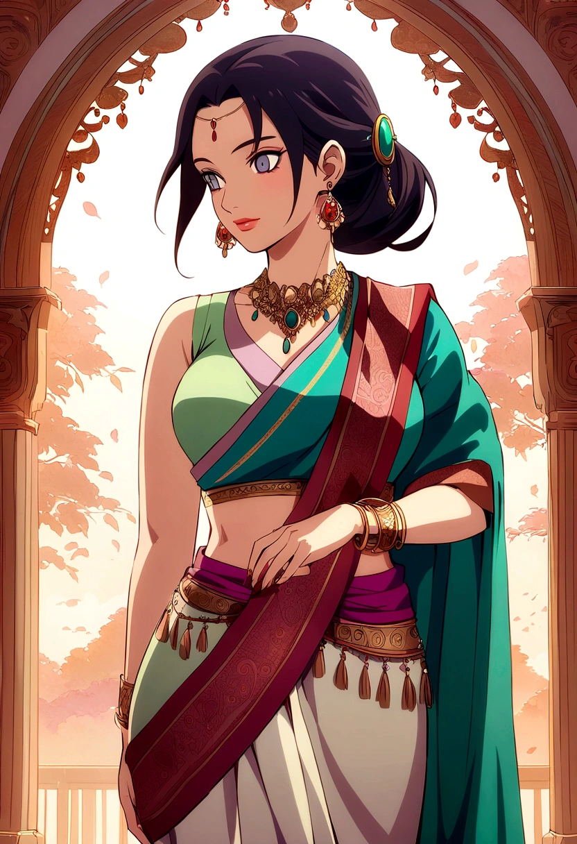 Hinata Hyuga (from Naruto),A beautiful, traditional Indian saree. You can choose a specific region's style for the saree, like Kanjeevaram or Banarasi.
The saree can be a pastel color that complements Hinata's hair and eye color, or a vibrant color that reflects her newfound confidence.
Include elegant jewelry like bangles, earrings, and a necklace that would suit Hinata's personality, Hinata standing gracefully, perhaps with one hand behind her back, and the other hand curved at her hip,Anime style with a focus on capturing Hinata's gentle beauty and newfound confidence